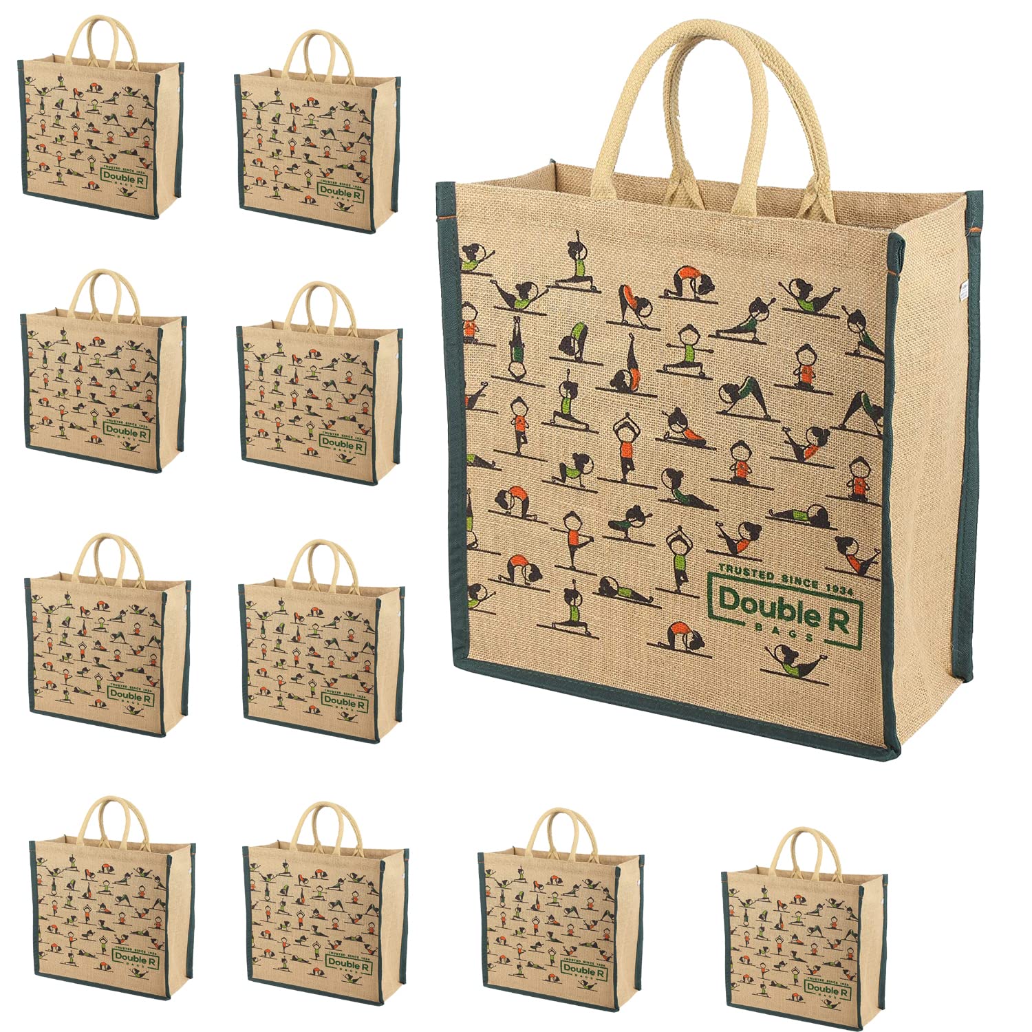 DOUBLE R BAGSEco Reusable Yoga print Jute Bags for Carry Milk Grocery Fruits Vegetable Shopping With Hard Grip Handle for Men and Women | Kitchen Medium Size Washable thela Jhola (L) (Pack of 1)