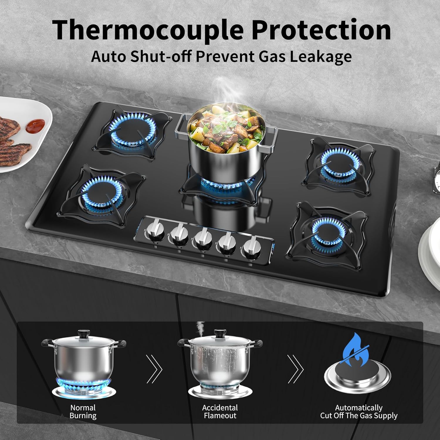 Gas Cooktop 36 Inch, 5 Burner Gas Stove Top Built-in Propane Stove Stainless Steel, NG/LPG Dual Fuel Auto Ignition Propane Cooktop, Thermocouple Protection - Image 3