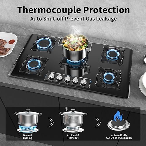 Miniatura 3 de Estufa de gas de 36 pulgadas, 5 quemadores Estufa de gas incorporada de acero inoxidable, GLPG, doble combustible, encendido automático, propano de