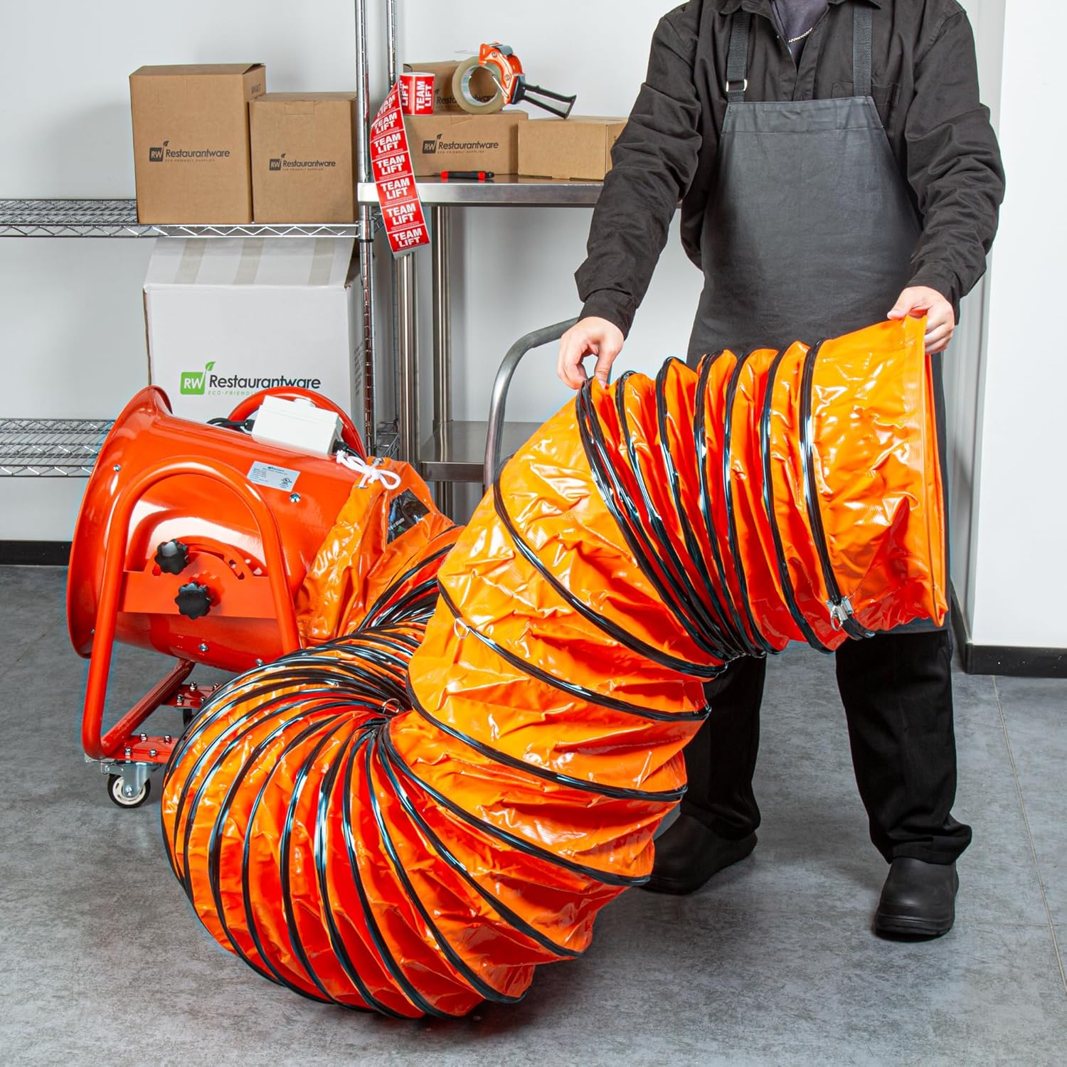 Restaurantware-Wind Blade 25 Foot x 15.75 Inch Extra Flexible Duct Hose, 1 Insulated Air Blower Hose - For 16 Inch Ventilator Fan, Adjustable Rope, Orange PVC Ventilator, D-Ring, Easy Storage