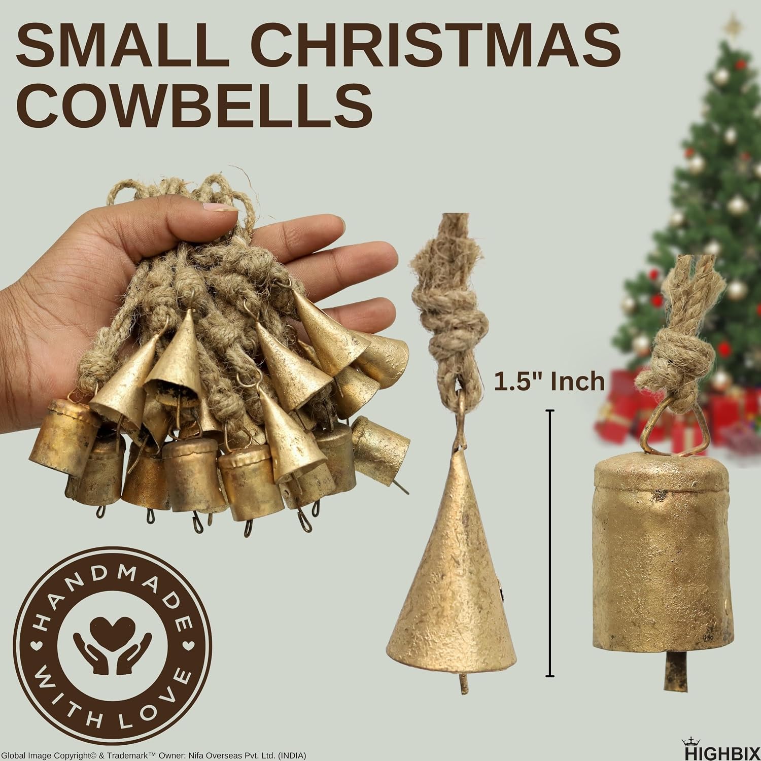 HIGHBIX 4cm Small Vintage Rustic Lucky Tin Metal Cow Bells Handmade Christmas Décor Bells on Jute Rope (10, Cone-Cylinder) image 3