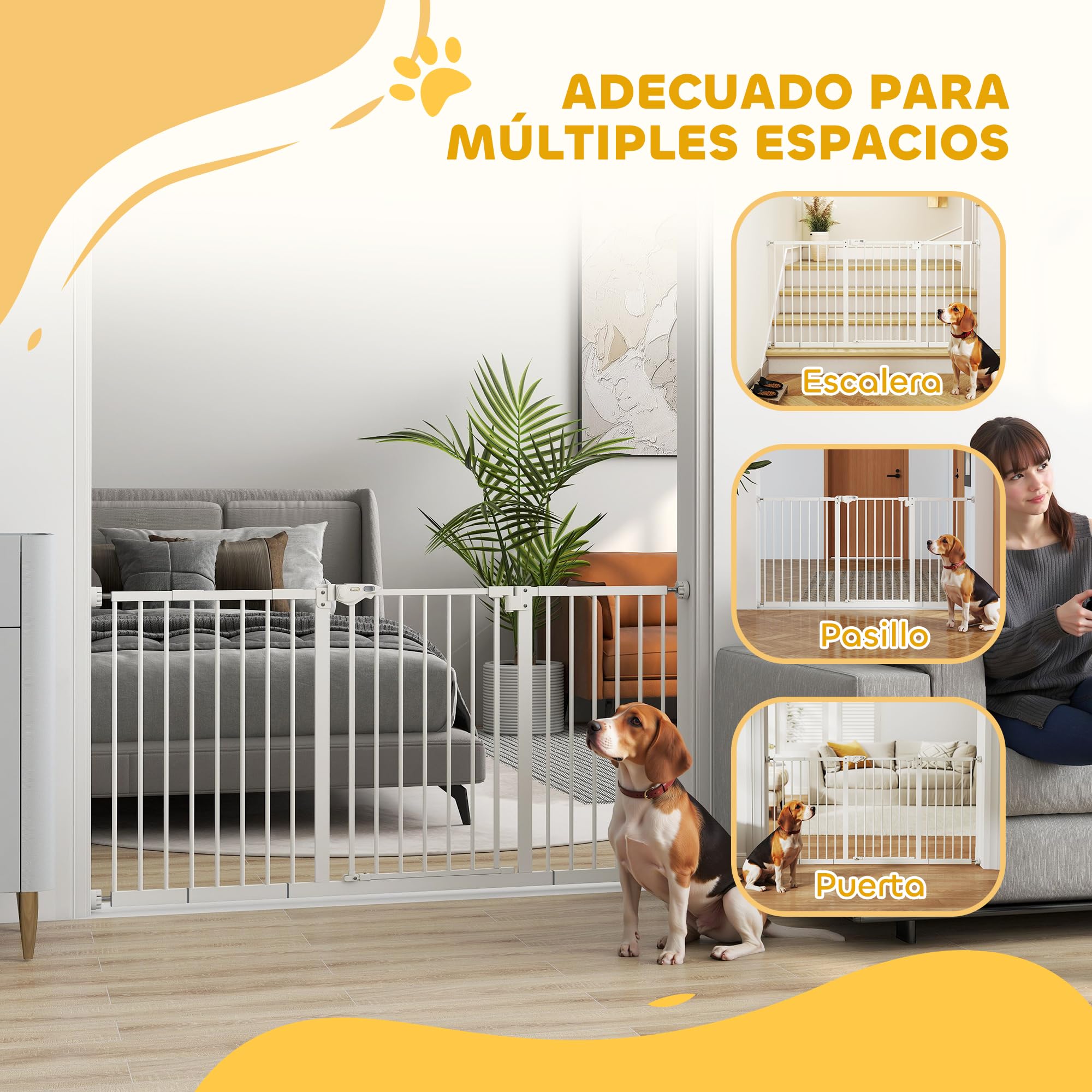 PawHut Barrera de Seguridad para Puertas y Escaleras Barrera para Perros con Cierre Automático y Sistema de Doble Bloqueo Metal 3 Extensiones 17,5/20,3/30,5 cm, 74-147,5x76,2 cm Blanco