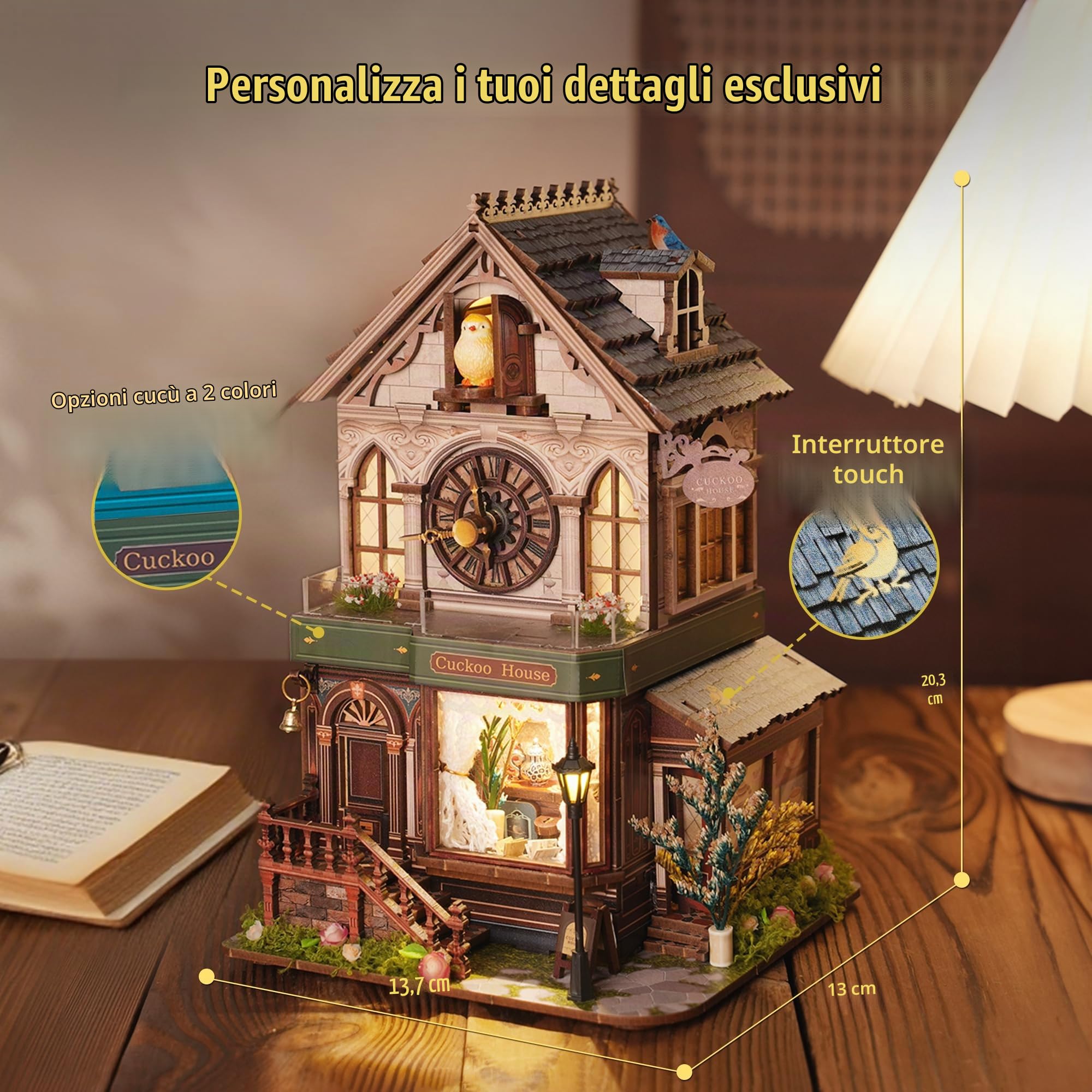 FUNPOLA Puzzle 3D in legno Casa in miniatura con suono di cucù – Modello meccanico fai-da-te di orologio a cucù, decorazione per la casa, regalo artigianale unico per adulti e ragazzi (Casa del Cucù)