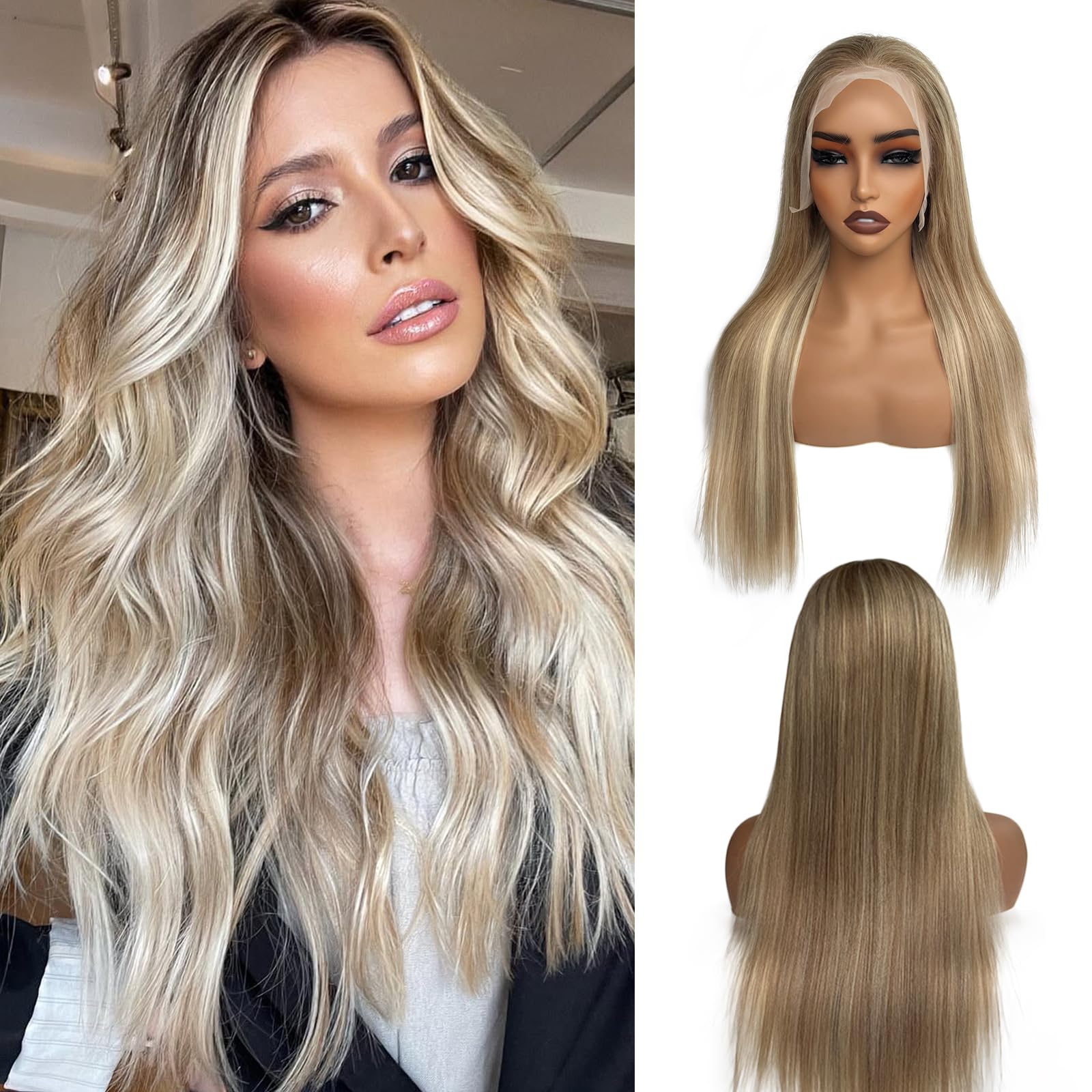 Photo 1 of Highlights Lace Front Wigs Human Hair 13x6 Ash Brown to Blonde HD Lace Front Ombre 180% Density Balayage Pre Plucked Glueless Straight for Women No Synthetic No Shedding Triple Lifespan 22 Inch