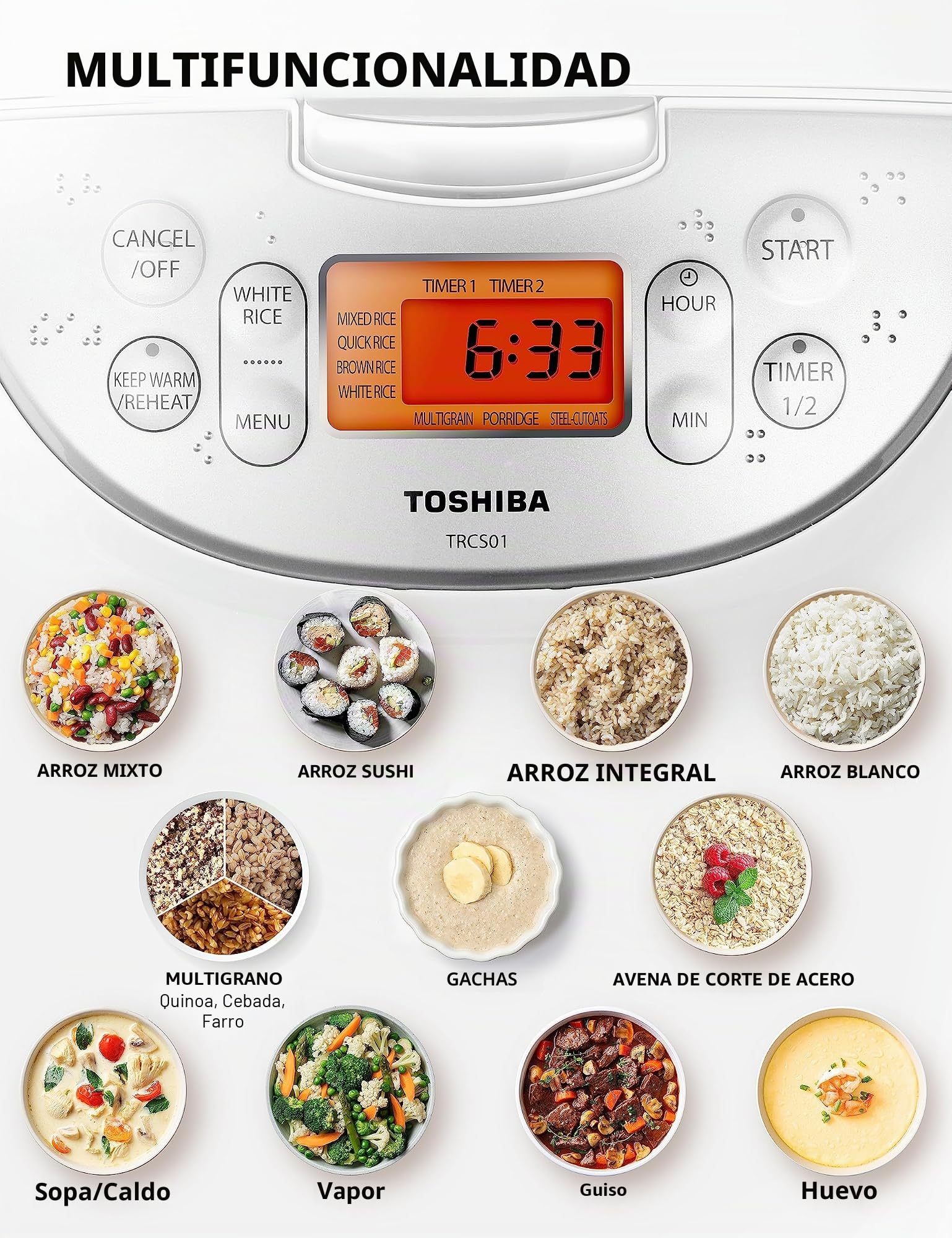 Toshiba Arrocera japonesa de 6 tazas crudas - Arrocera japonesa con tecnología Fuzzy Logic, 7 funciones de cocción, pantalla digital, 2 temporizadores de retardo y mantenimiento automático del calor