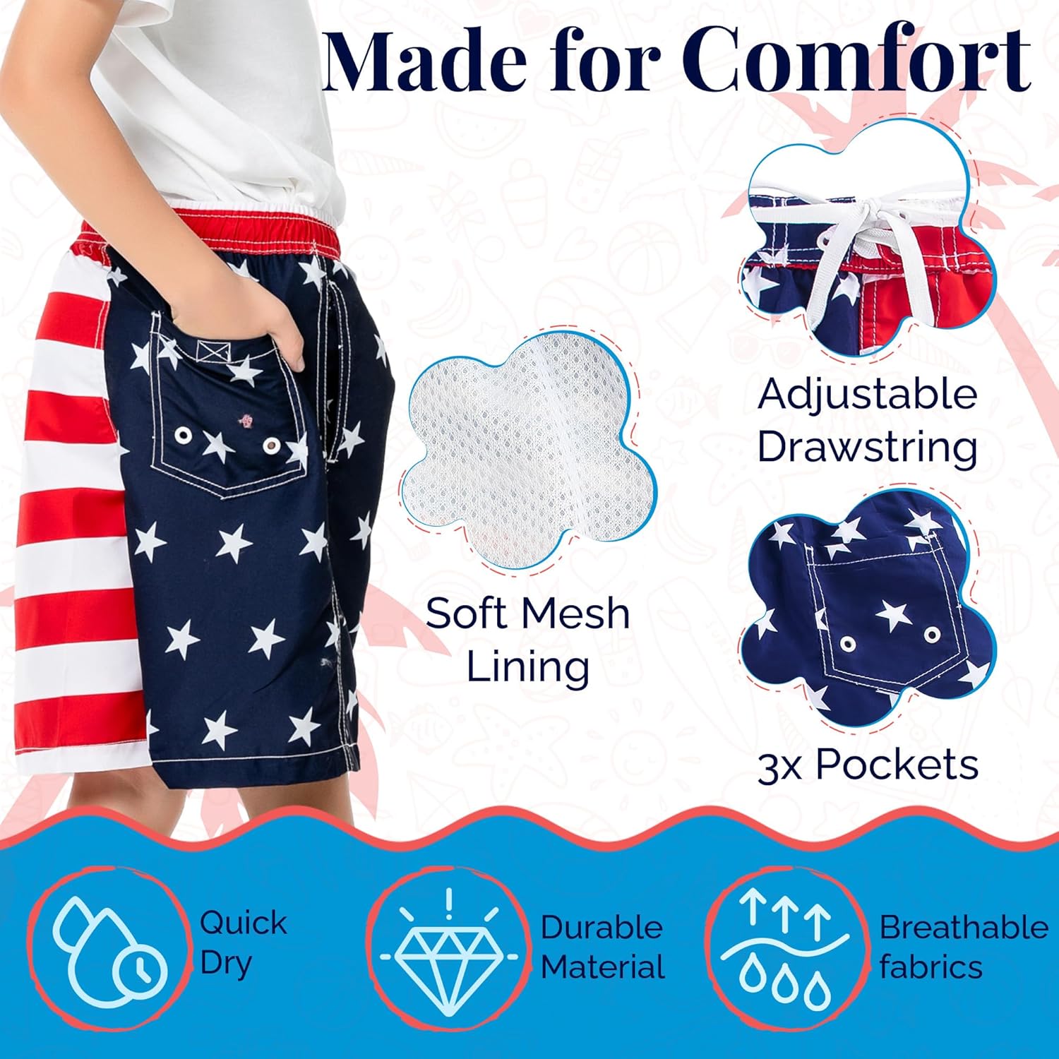 SIX ISLANDS Boys Swim Trunks - Quick-Dry, Comfortable, Ages 5/6 to 18/20 - Fun Patterns, Durable Design Boys Bathing Suit - Image 3