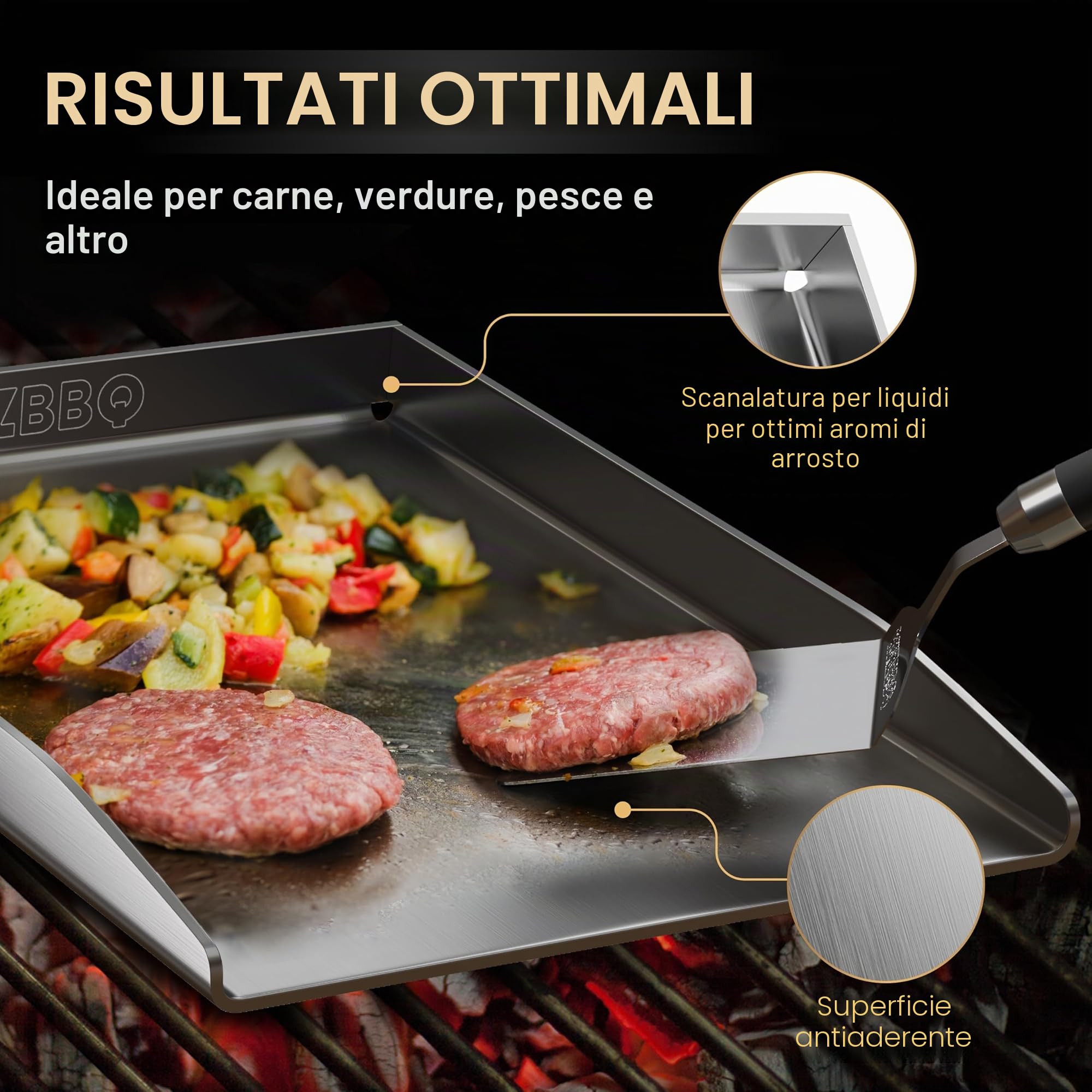 AMZBBQ® Set Premium Plancha - 40 x 30 cm - circa 5 mm in acciaio inossidabile massiccio - 20% più forte delle tradizionali piastre - Piastra per griglia a gas e carbone - Accessorio per barbecue