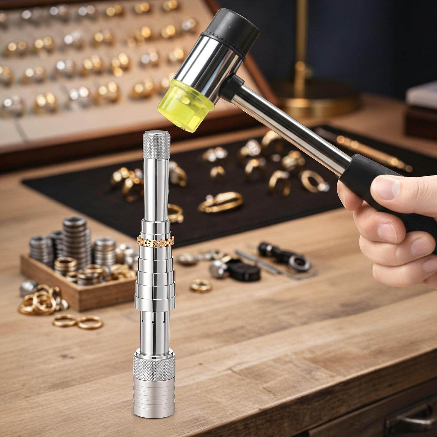 HappyAlley Ring Stretcher Tool Kit with Double Sided Rubber Mallet, Professional Ring Expander and Resizing Tool for Gold, Silver & Soft Metals, Essential for Jewelry at Home or Pro Use for Rings 6-10