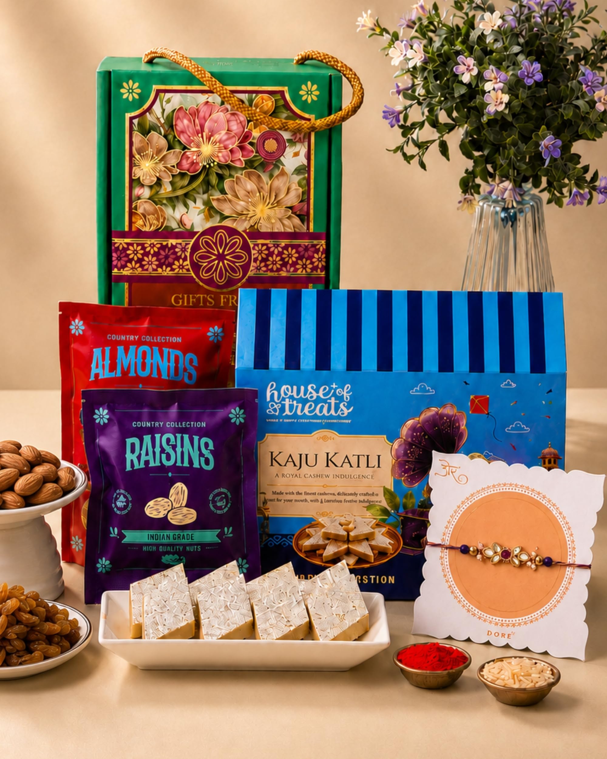 HyperFoods® Rakhi With Sweets Gift Pack Kaju Katli Dry Fruits Gift Pack Rakhi Mithai Box For Brother Kaju Katli 100g Almond 30g Raisins 30g Gift Hamper-image-8