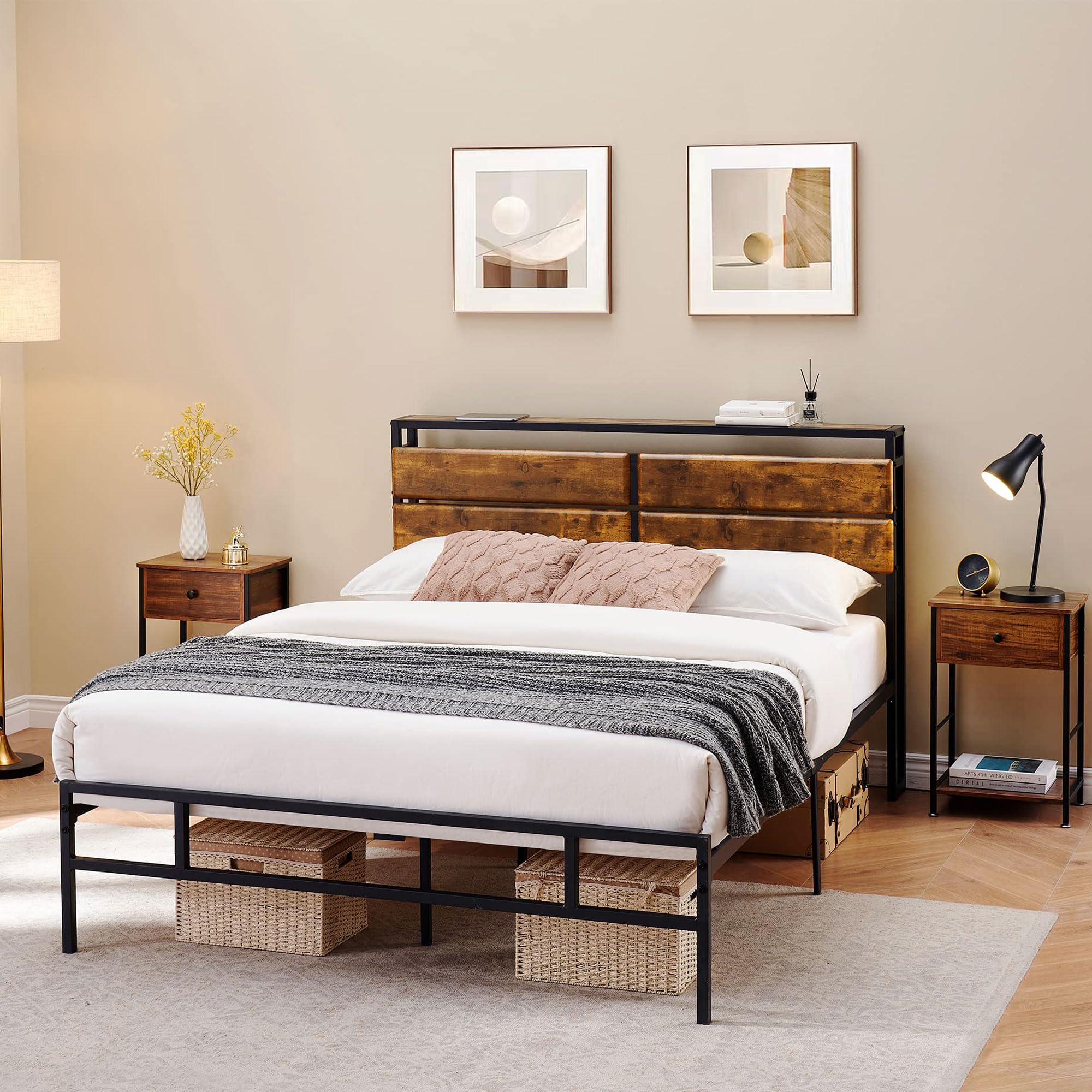 GAOMON Queen Bed Frame with Storage headboard Metal Platform Bed Frame Queen Size Bed Frame with Rustic Vintage Wood Headboard, No Box Spring Needed, Noise Free (Full)