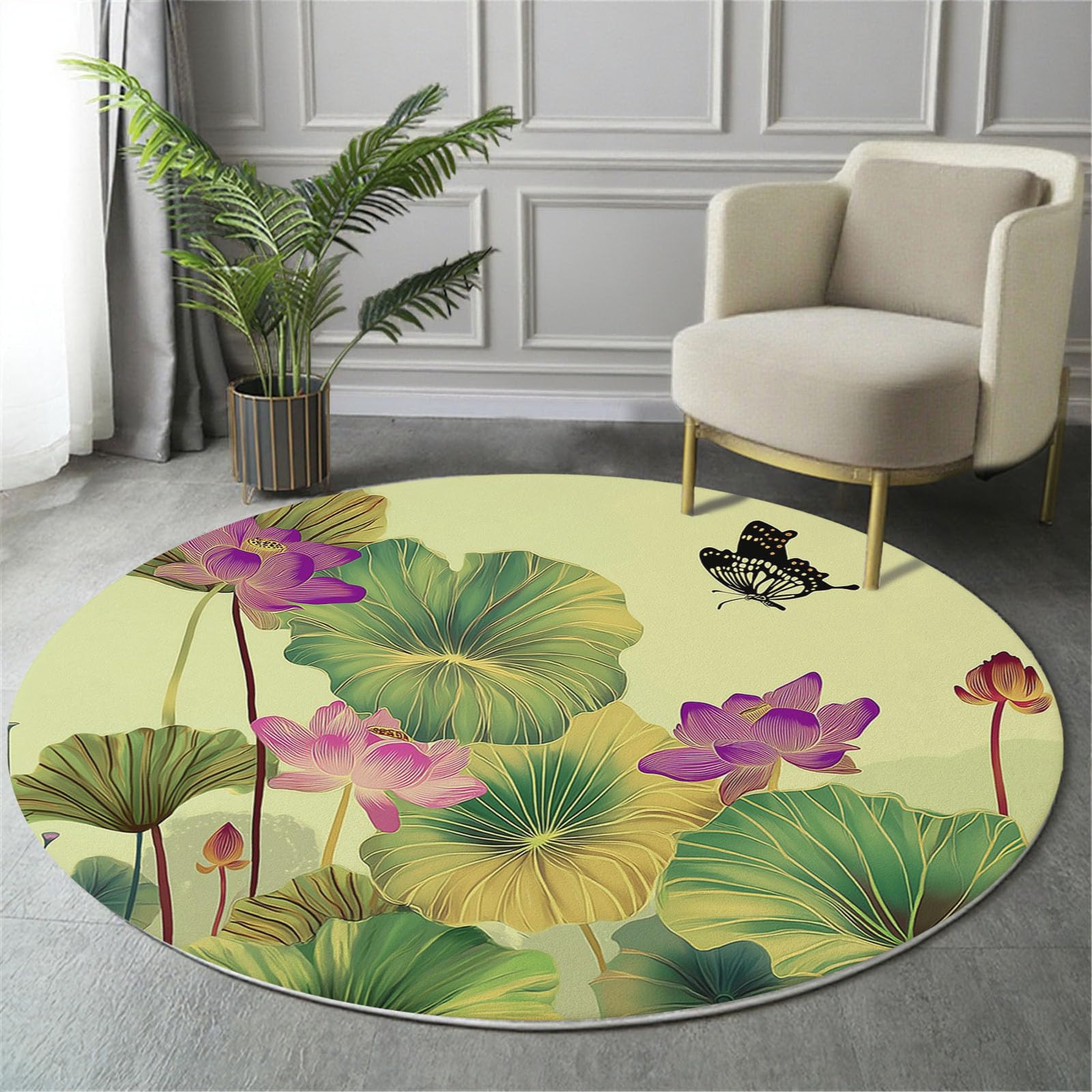Tapis rond de feuille lotus 200cm grand tapis salon chambre lavable jaune