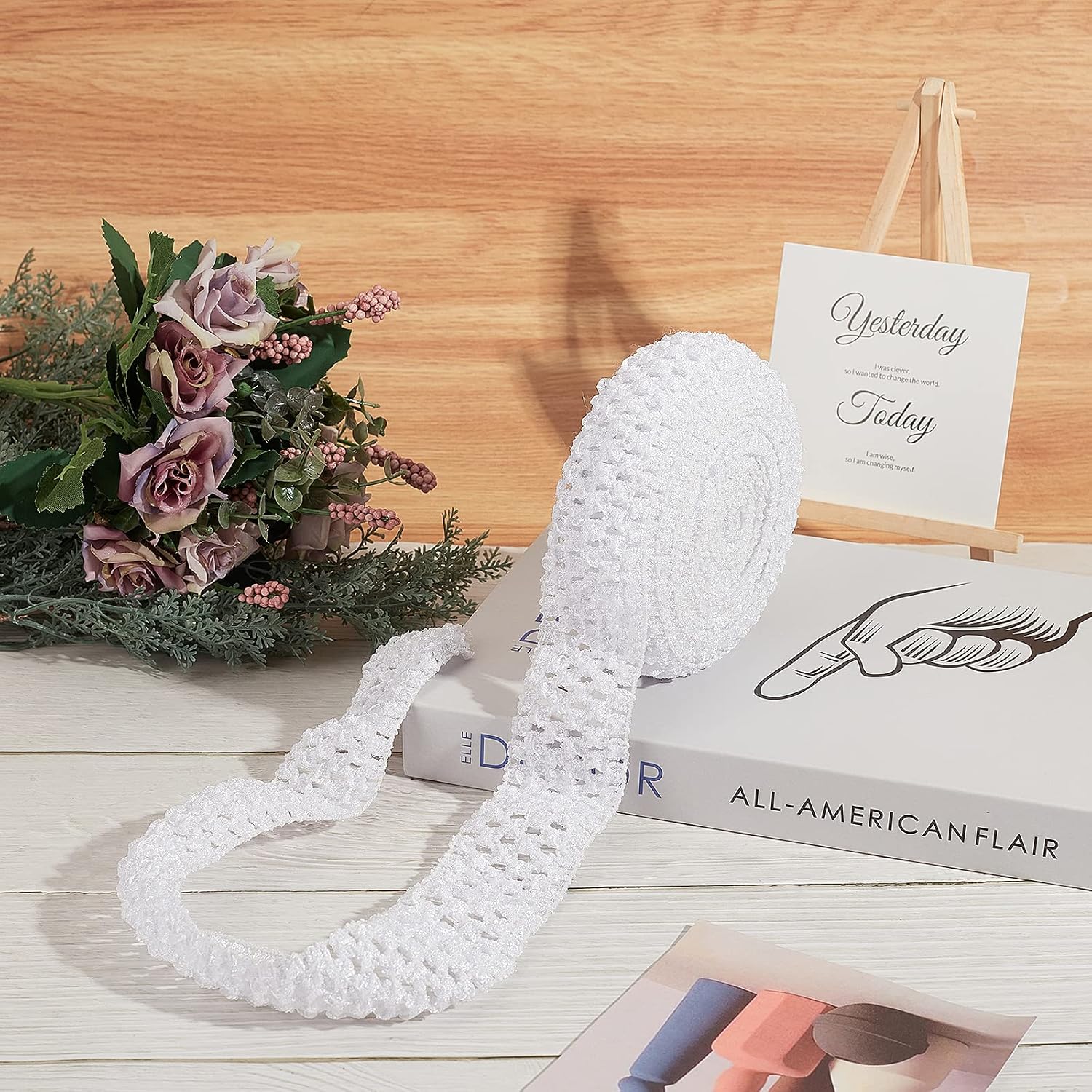 GORGECRAFT 5.5 Yards 1.7" Wide Elastic Crochet Headband Ribbon Elastic Band Crochet Stretch Trim Fabric Stretchy Hair Ties Headband Material for Tutus Sewing Hair Waistband Accessories Tube Top, White