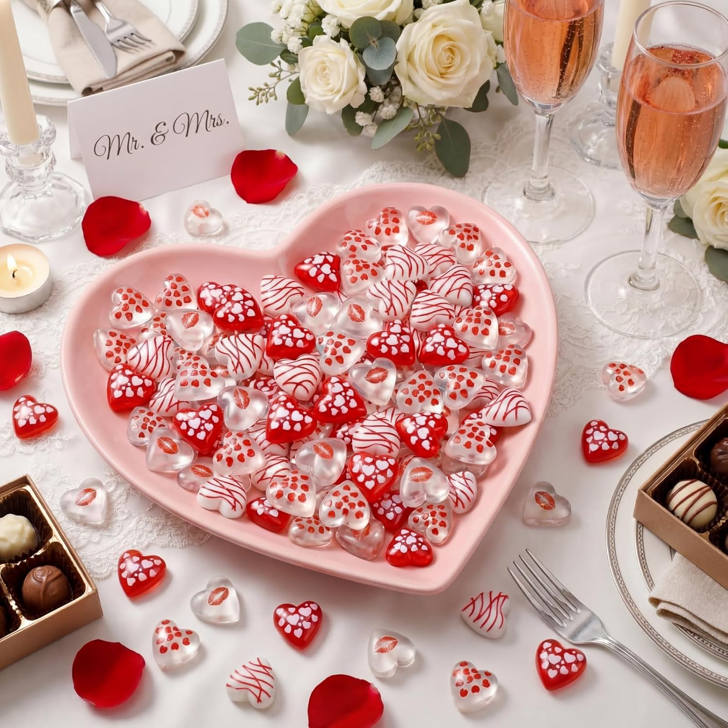 60 Pcs Resin Heart Gems Flatback, Red White Table Scatter | Wedding Vase Fillers for Centerpieces, Valentines Mom Day Party Table Confetti, Home Decor, Flatback Placement Design