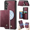 Funda para Samsung Galaxy S26 tipo billetera magnética con bloqueo RFID, carga inalámbrica, 4 porta tarjetas y 1 compartimento para efectivo, soporte de cuero duradero y delgado, funda protectora antigolpes - Vino 1