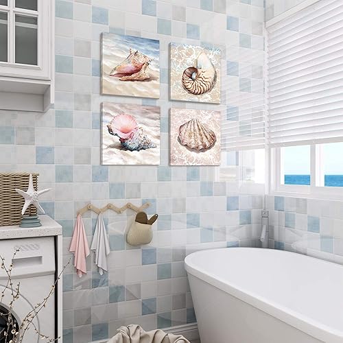 Póster de arte de pared de concha de mar de playa, impresión natural en lienzo, imagen de arte de pared de lona para baño, decoración del hogar,