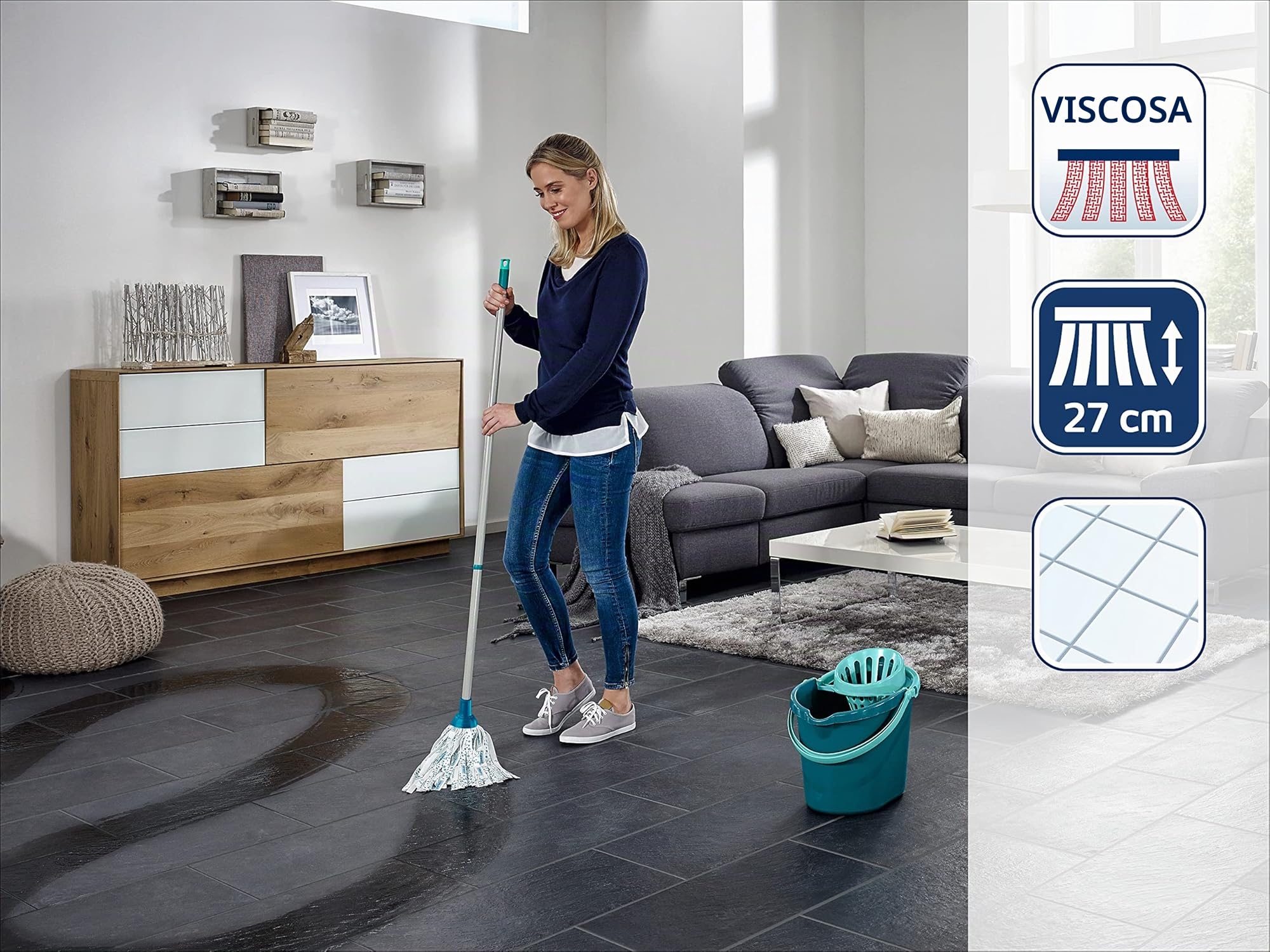 Leifheit Set Classic Mop Pavimenti In Viscosa Con Fibre Assorbenti, 39 X 29 X 29 Cm, Turchese