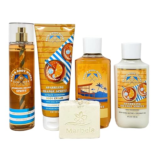 Bath & Body Works Sparkling Orange Spritz Deluxe Bundle - Fragancia en bruma - Crema corporal - Gel de ducha - Loción corporal - con un jabón en