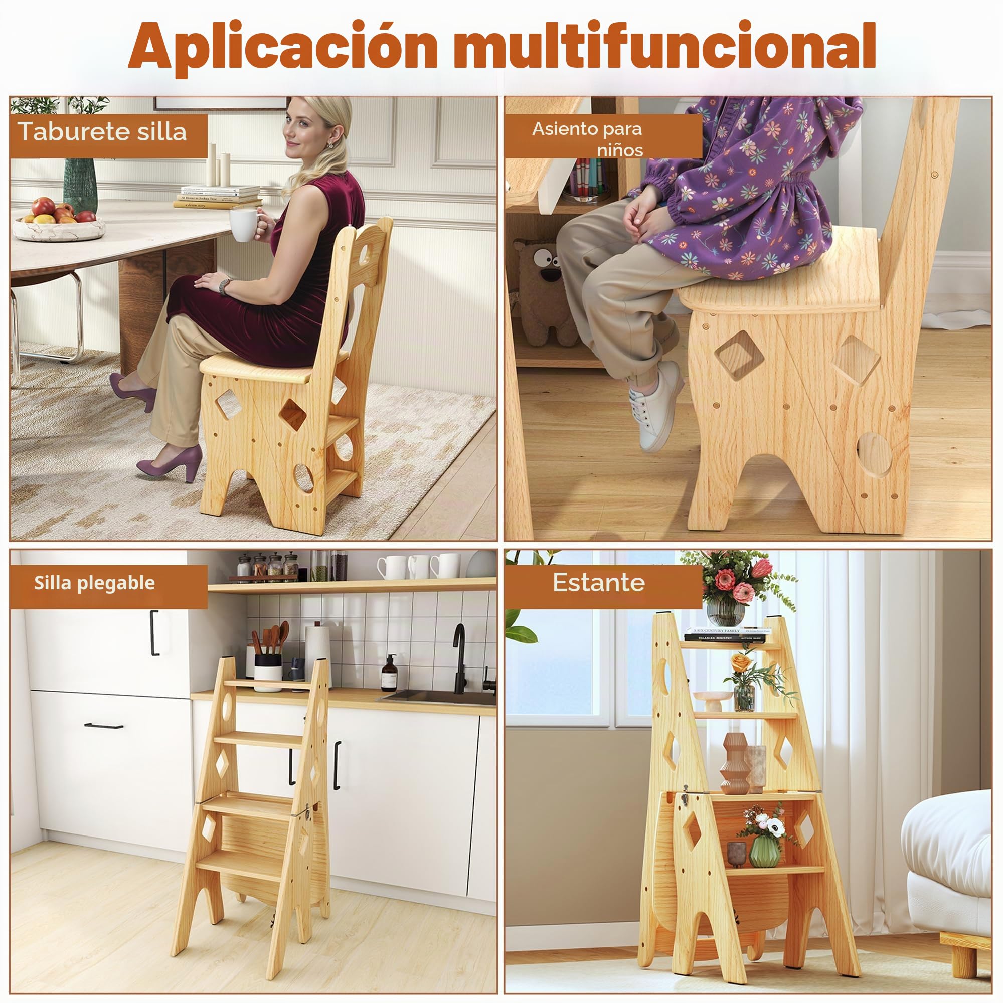 Taburete plegable para biblioteca (4 niveles, hasta 180 kg) | Silla plegable de madera maciza, para escalones, exposición, soporte para flores, madera, 46 x 34 x 87 cm