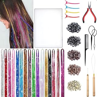 Hair Tinsel Kit 48 Inch, 16 Colors, 3200 Strands Glitter Sparkly Fairy Hair Extensions with Tools for for Women, Girls, Children, Cosplay, Party Festival Hair Extension Accessories (16 Colors)