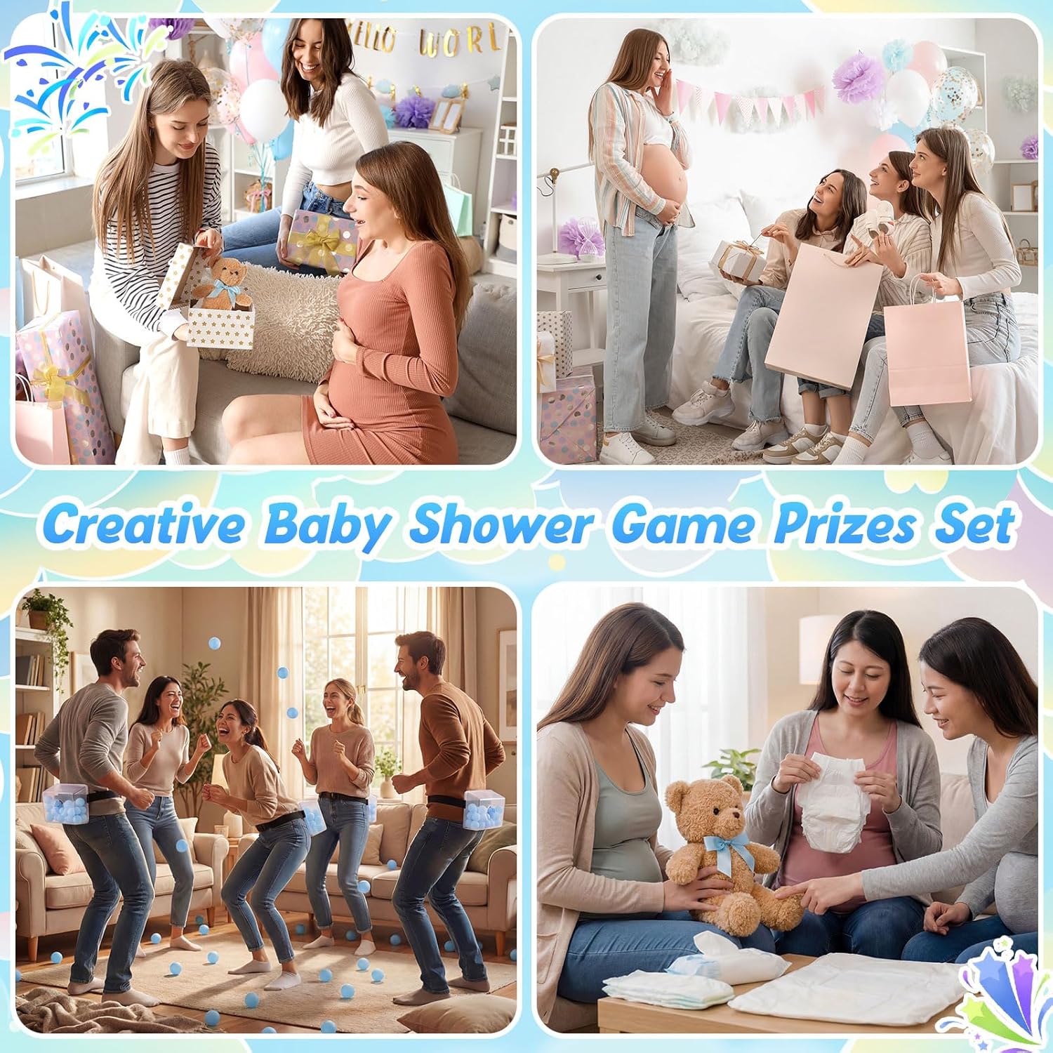 6 Sets Diaper Baby Shower Games Gender Reveal Games Include Bears, Diapers, Blindfolds, Game Boxes, Balls for Party Activities Favors(Blue)