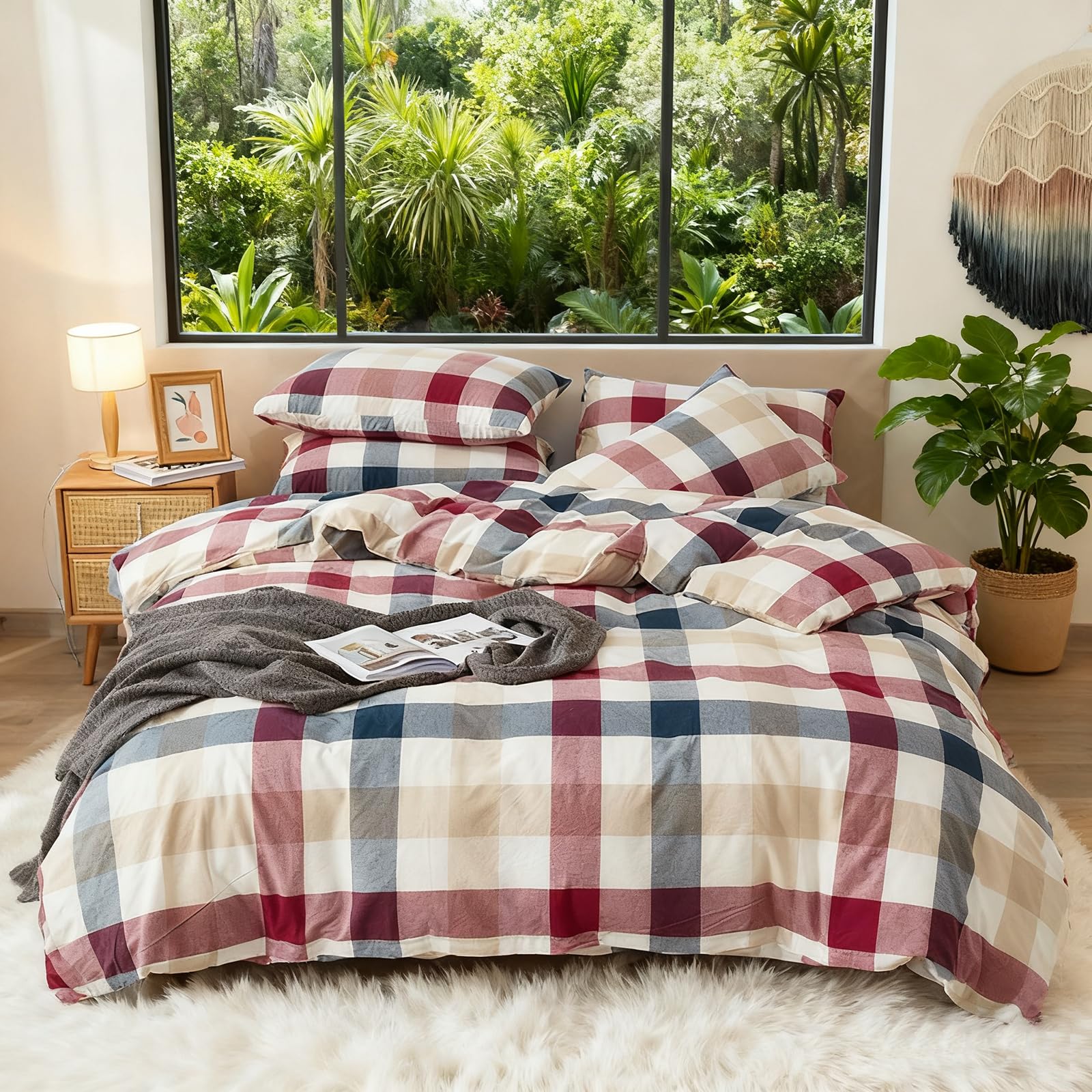 100% Washed Cotton Duvet Cover Set Super Soft Breathable Comfy Natural Linen Like Textured Bedding Set 3 Pieces with 2 Pillow Shams (Blue Red Plaid, Twin)