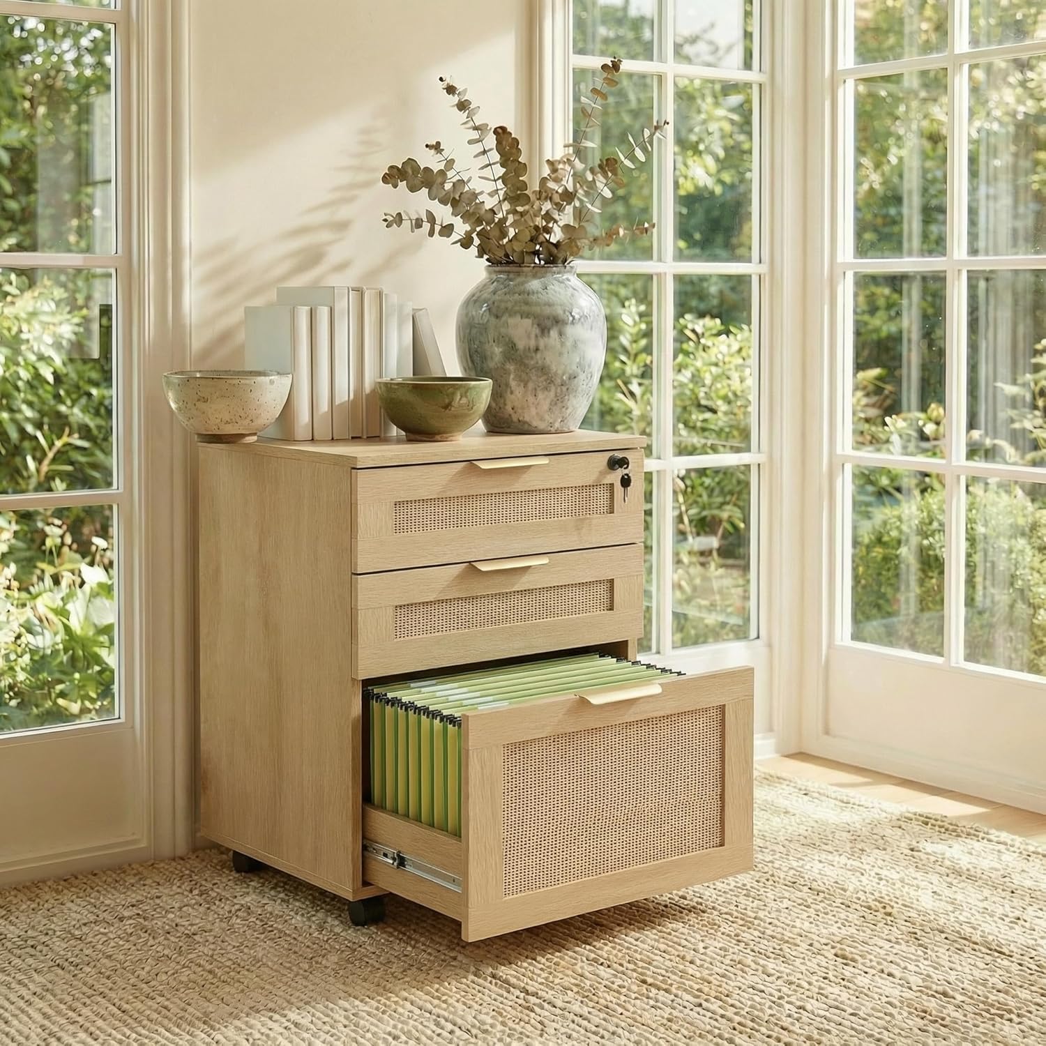 Lateral File Cabinets for Home Office, 3 Drawer Filing Cabinet with Lock, Rattan Filing Organization Storage Cabinets with Printer Stand for Hanging Files/Letter/Legal/A4/F4 Size, Natural Wood