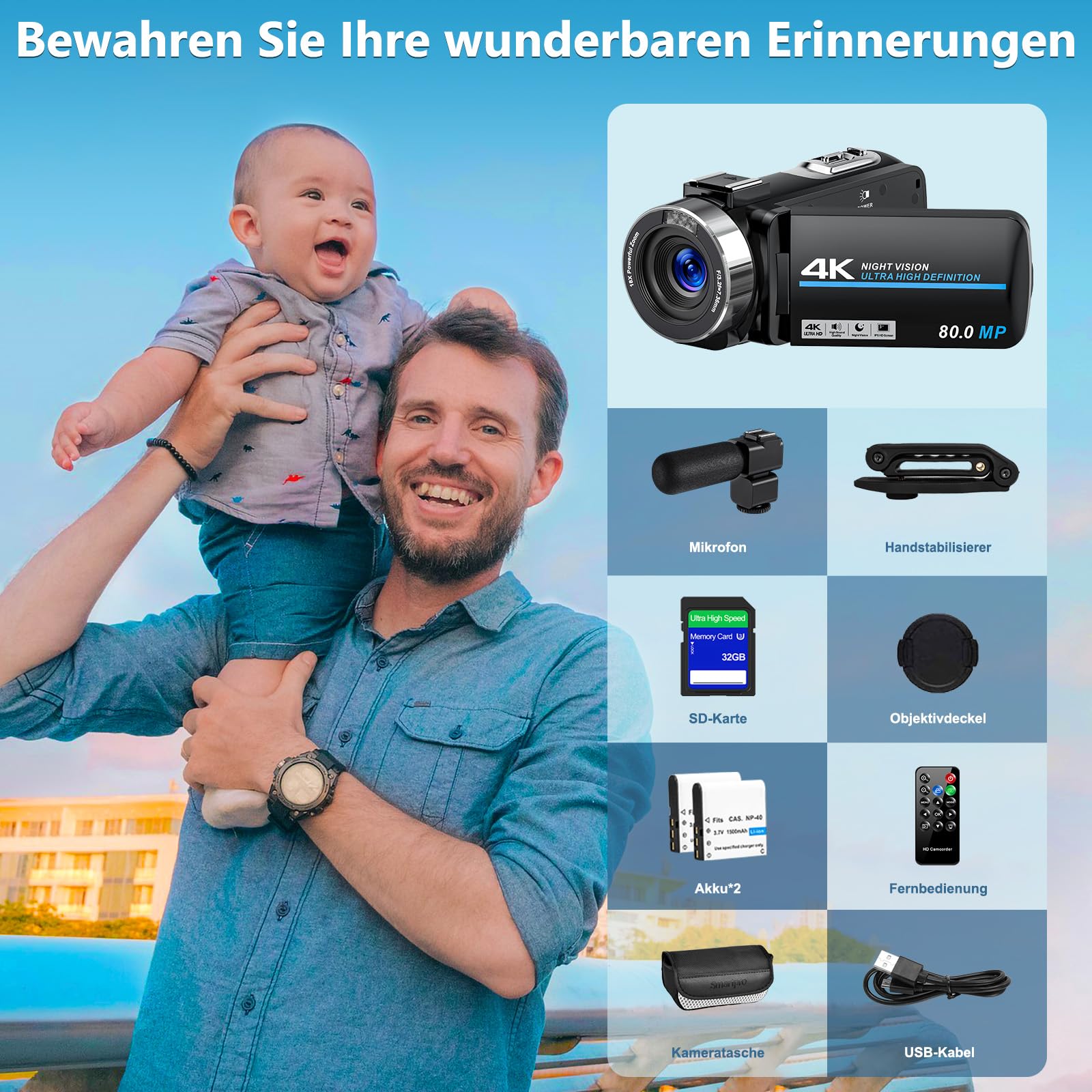 Videokamera 4K 80MP Camcorder für YouTube,30FPS Webcam IR Nachtsicht Vlogging Kamera,18X Digitalzoom 3,0 270°IPS Bildschirm Video Camera mit SD Karte, 2 Akkus, Fernbedienung, und Handstabilisator