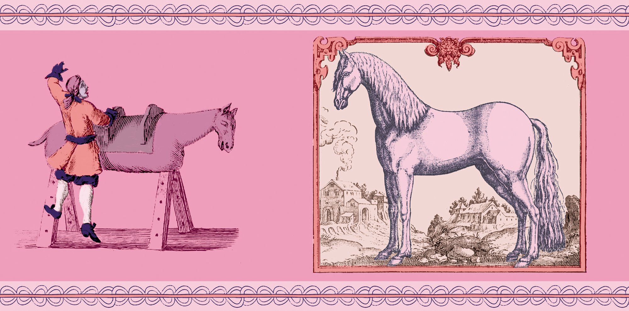 3er Set GMM Reiter Tapeten Bordüre, Tapetenborte - edle Pferde Tapeten Borte mit Voltigier Übungen in rosa, 3x5m, ideal zum Einzug, Umzug, Renovierung um Zimmer, Küche, Gänge, WC aufzupeppen
