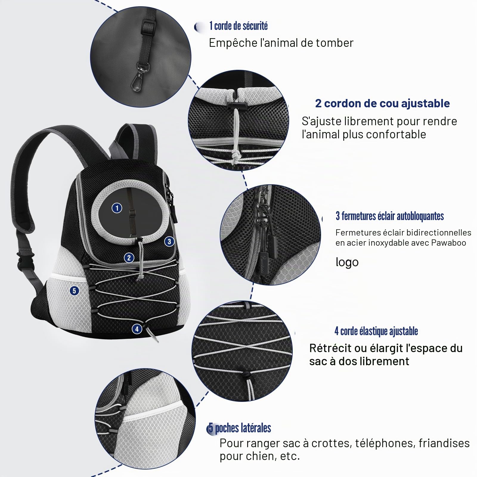 Pawaboo Sac à Dos Réglable pour Chiens, Sac à Voyage pour Animal de Compagnie en Polyester Respirant, Sac de Transport pour Chien Chat avec Ceinture de Sécurité pour Randonnée Extérieur, M/Noir + Gris
