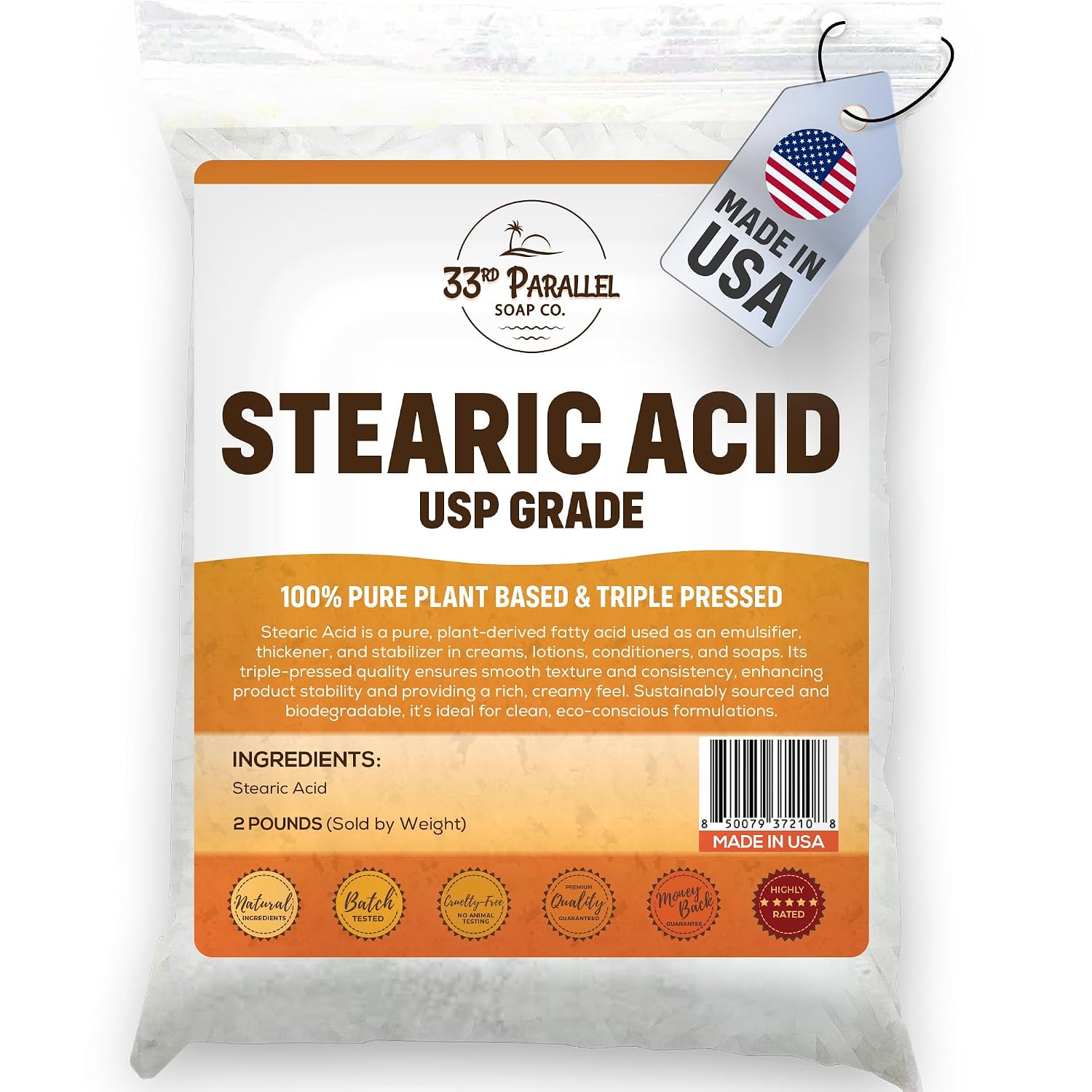Stearic Acid USP Grade (2 Lbs / 32oz) White Flakes Triple Pressed NF/USP | 100% Plant-Based, Natural Emulsifier, Solidifier & Thickener for Creams, Lotions, Soaps & Candle Making | 2 POUNDS