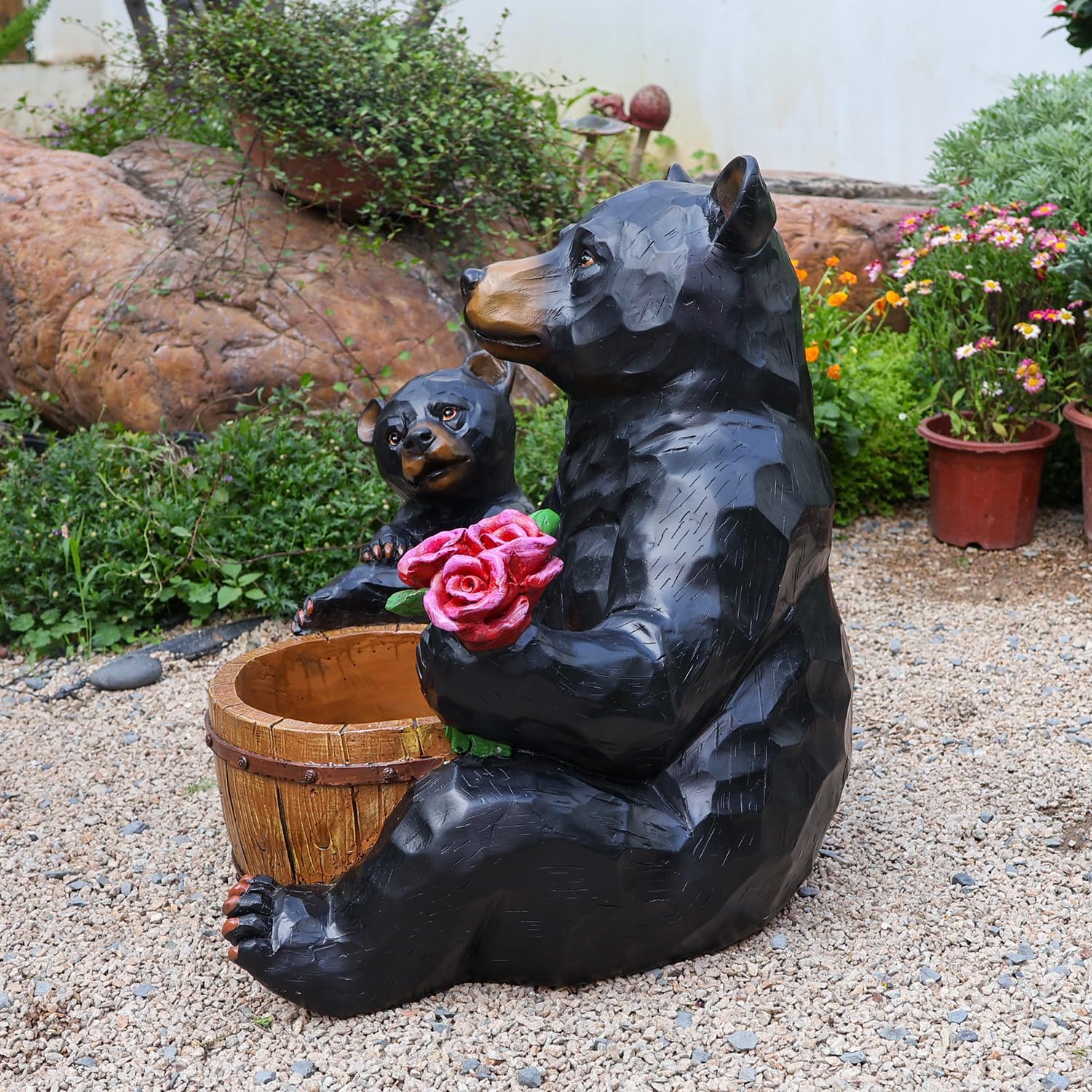 Resin Bear Planter Urn for Outdoor Garden, Decorative Animal Flower Container with Welcome Sign, Rustic Patio Lawn Porch Entry Plant Holder, Cub Urn Accent for Yard Decor (Sitting Bear)