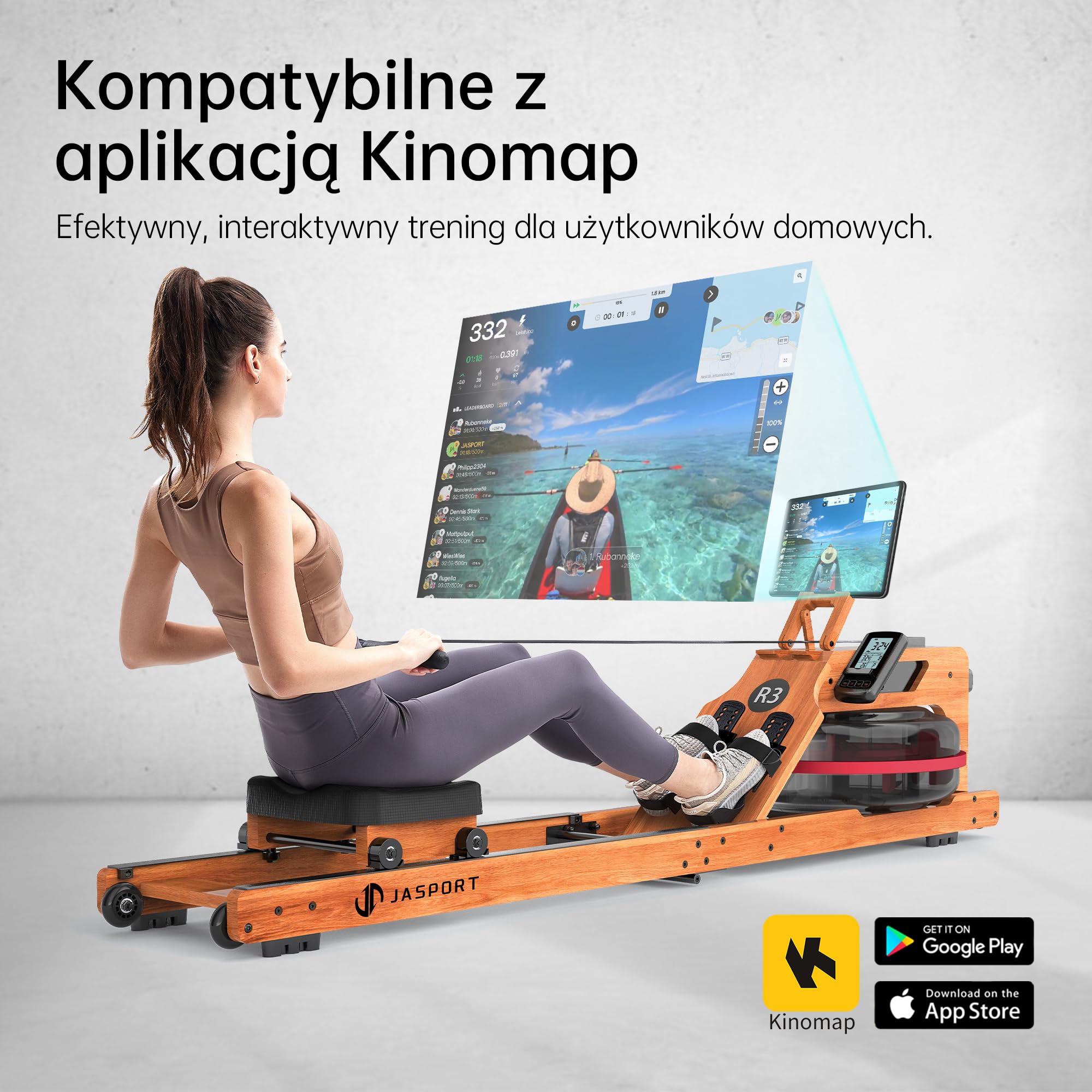 R3 składany wioślarz z drewna dębowego, LCD Bluetooth, kompatybilny z Kinomap, zbiornik 28 l, maks. obciążenie 150 kg, ergonomiczne siedzisko, regulowany uchwyt na tablet.