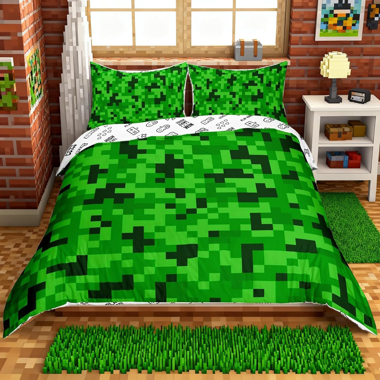 Green Pixelated Miners Duvet Cover Set Super King Size,Video Games Bedding Set for Kids Boys Girls Teens Room Decor,Cartoon Gamepad Comforter Cover Modern Geometric Check Quilt Cover,2 Pillowcases