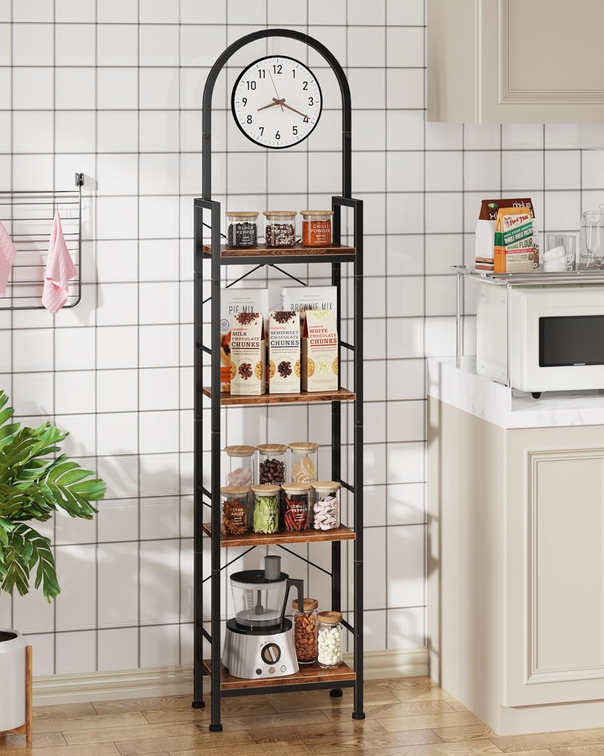 Bookshelf, 4 Tier Arched Bookshelf with Built-in Clock, 68.2" Tall Narrow Bookcase, Modern Standing Book Shelf for Living Room, Bedroom, Home Office, Rustic Brown