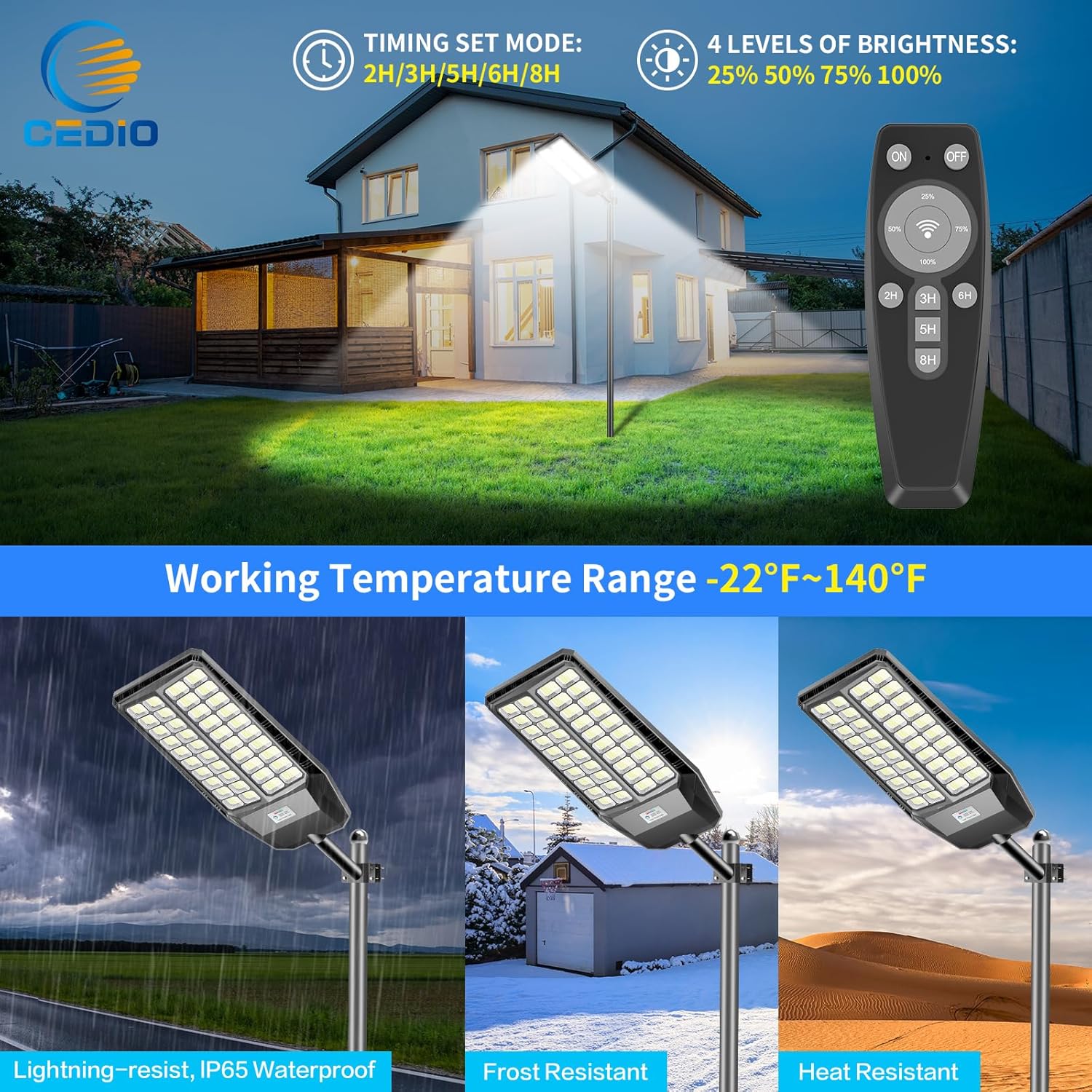 CEDIO Outdoor Solar Street Lights, Solar Lights IP66 Waterproof LED Street Light Dusk to Dawn, Flood Light with Motion Sensor for Yard (8500W-1PACK)