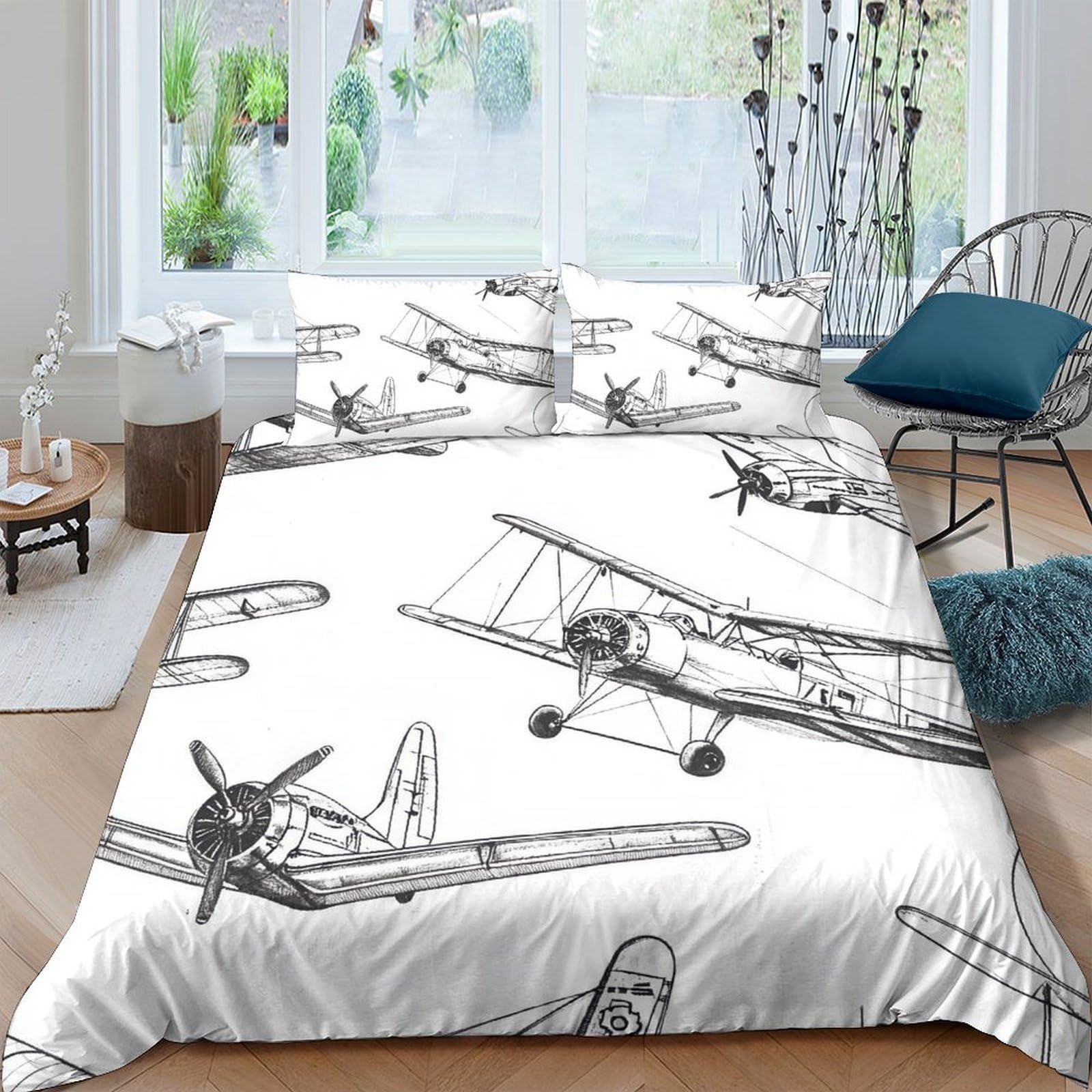 Ctjqhvkz Style-5 3D Printed Vintage Airplane Fitted Sheet Microfiber Soft White Aviation Bed Cover For Bedroom Dorm Mattress Decor Single（135X200cm）