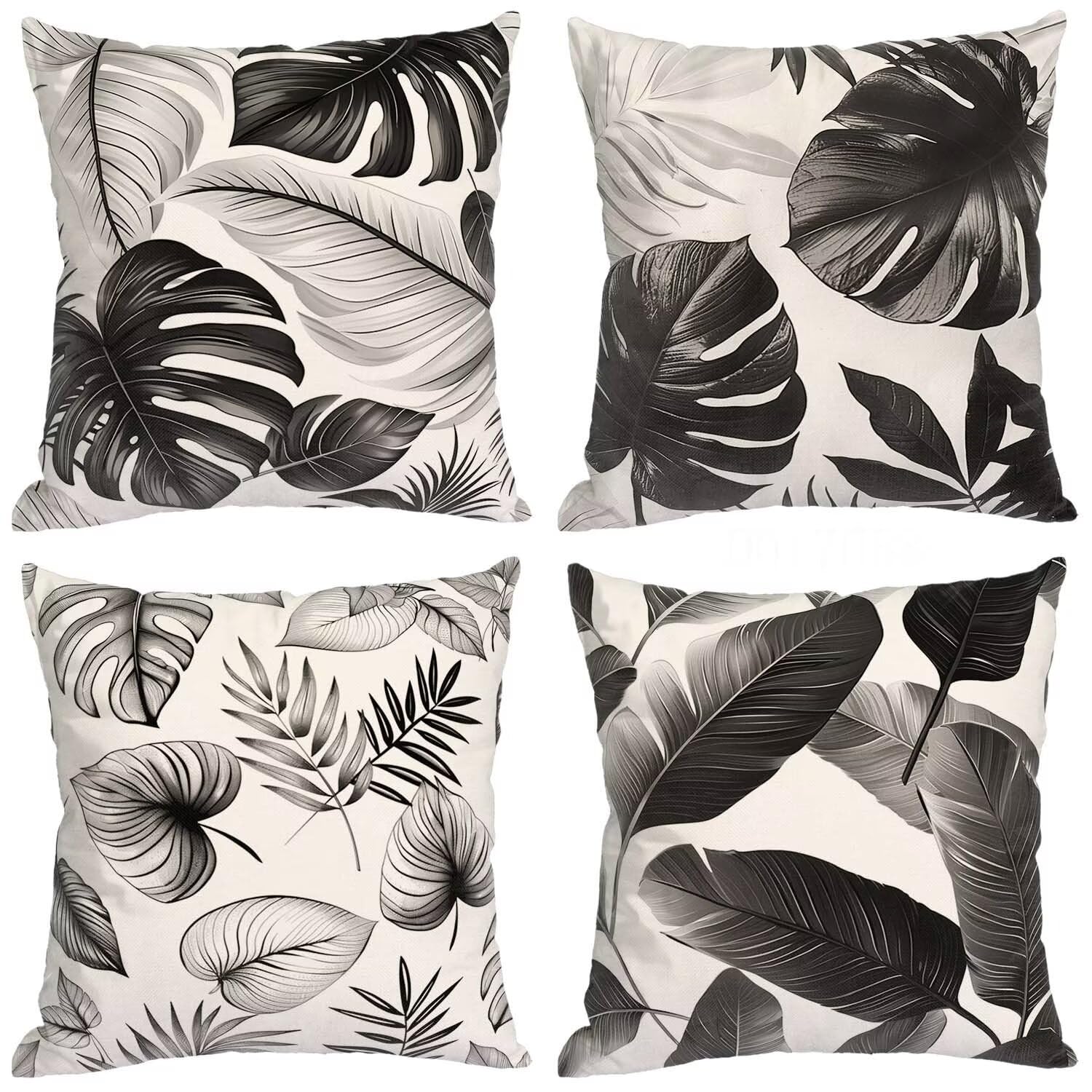 Fundas Cojines SuavesHojas Tropicales Fundas Cojines Cuadradas Suaves Funda Almohada Cojines Suaves Sillas Jardin para Oficina Jardín Cama Sofá Banco Juego de 4 Funda Cojin En Blanco Y Negro mu-433