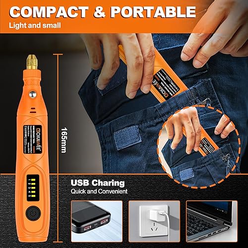 Miniatura 3 de GOXAWEE Mini kit de herramientas rotativas inalámbricas con 105 accesorios, carga USB, 5 velocidades, 18000 rpm, herramienta de manualidades