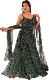 SAMRAGNI Women's Chiffon Bandhej Anarkali Gown Set with Dupatta, 8 Meter Flare, Padded Backless Dori Design, Fully Stitche... Price In India