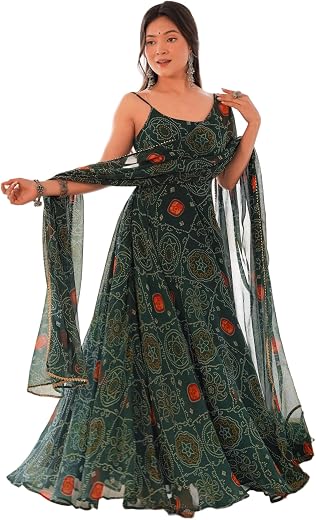 SAMRAGNI Women's Chiffon Bandhej Anarkali Gown Set with Dupatta, 8 Meter Flare, Padded Backless Dori Design, Fully Stitche...