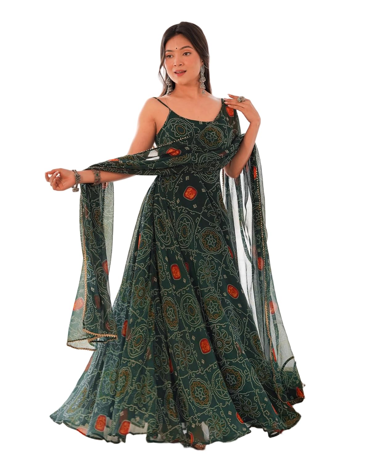 SAMRAGNI Women's Chiffon Bandhej Anarkali Gown Set with Dupatta, 8 Meter Flare, Padded Backless Dori Design, Fully Stitche... - Review, Price and Buying Guide