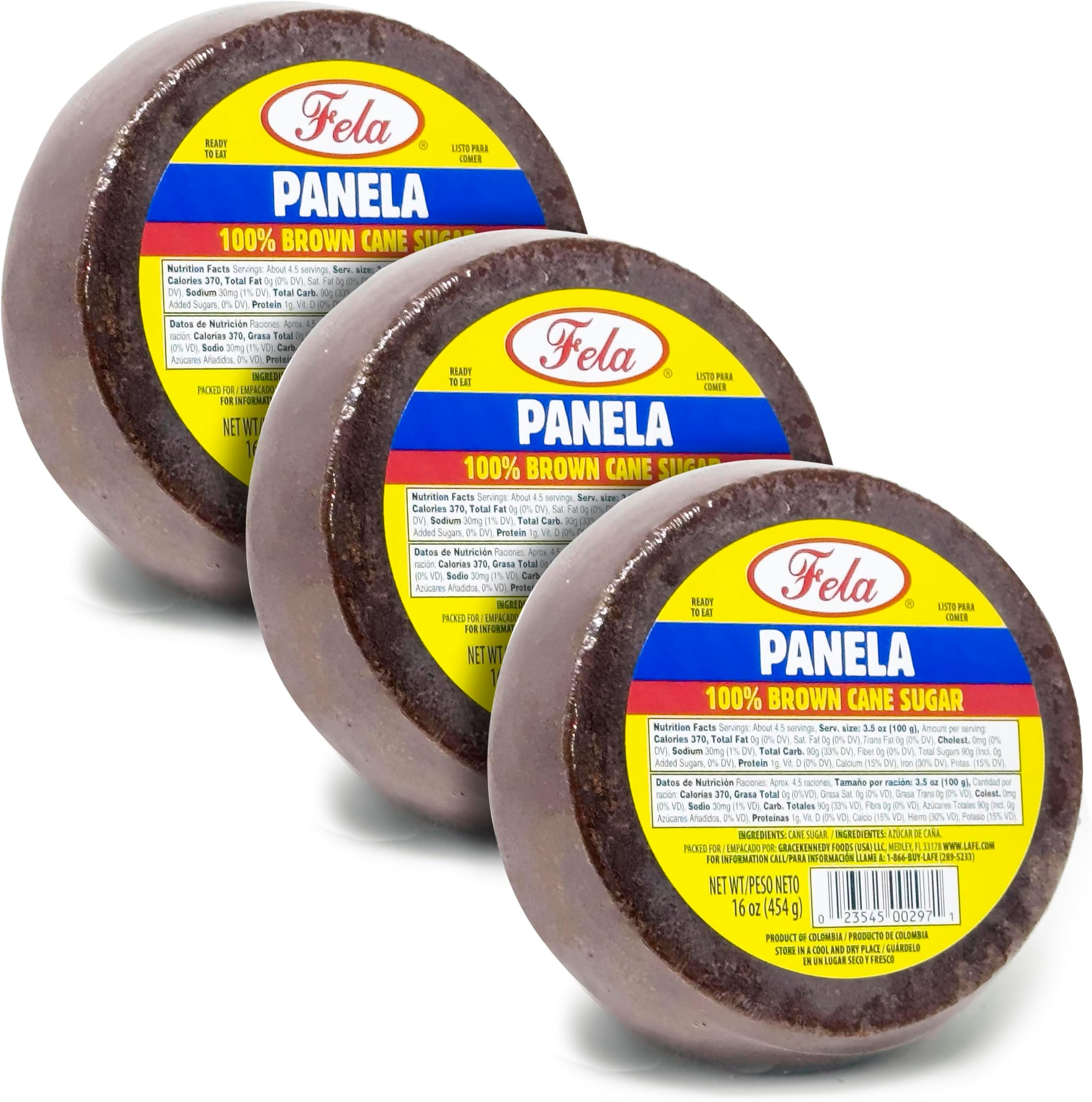 Fela Panela Brown Cane Sugar 16oz - 3 Pack - Pure Brown Sugar Cane for Traditional Latin Cooking - Redonda Panela Colombiana