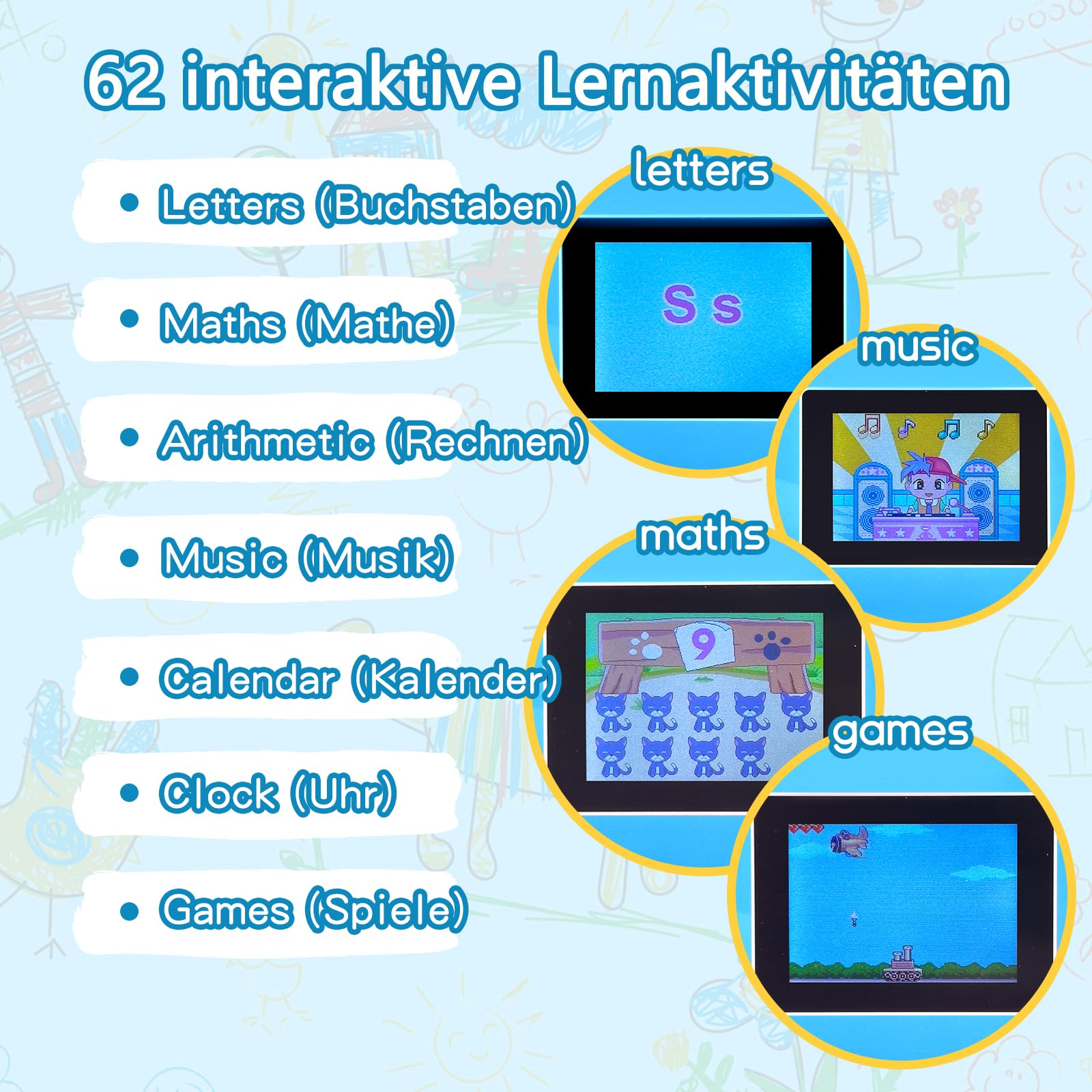 Kinderlaptop Lerncomputer Blau Farbdisplay Maus: Englisch Lernen, 62 Aktivitäten Mathe Spiele, Pädagogisches Geschenk für Mädchen ab 5 Jahre