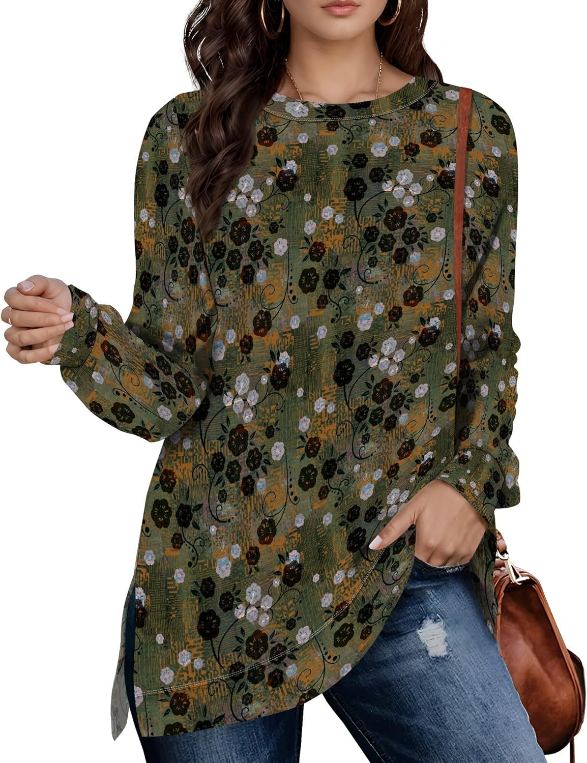 Sweatshirts For Women V Neck Floral Sweatshirt Women Side Split Design Pullover Hoo...