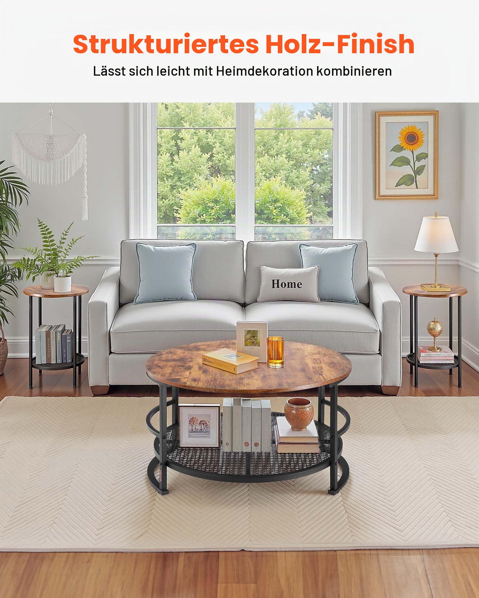 VEVOR 3-TLG. rundes Wohnzimmertisch-Set, (800 x 465 mm) Industrie-Couchtisch mit 2 runden Beistelltischen (40 x 60 cm), Sofatisch-Sets mit Metallbeinen, Satztische für Büro Wohnzimmer Wohnung