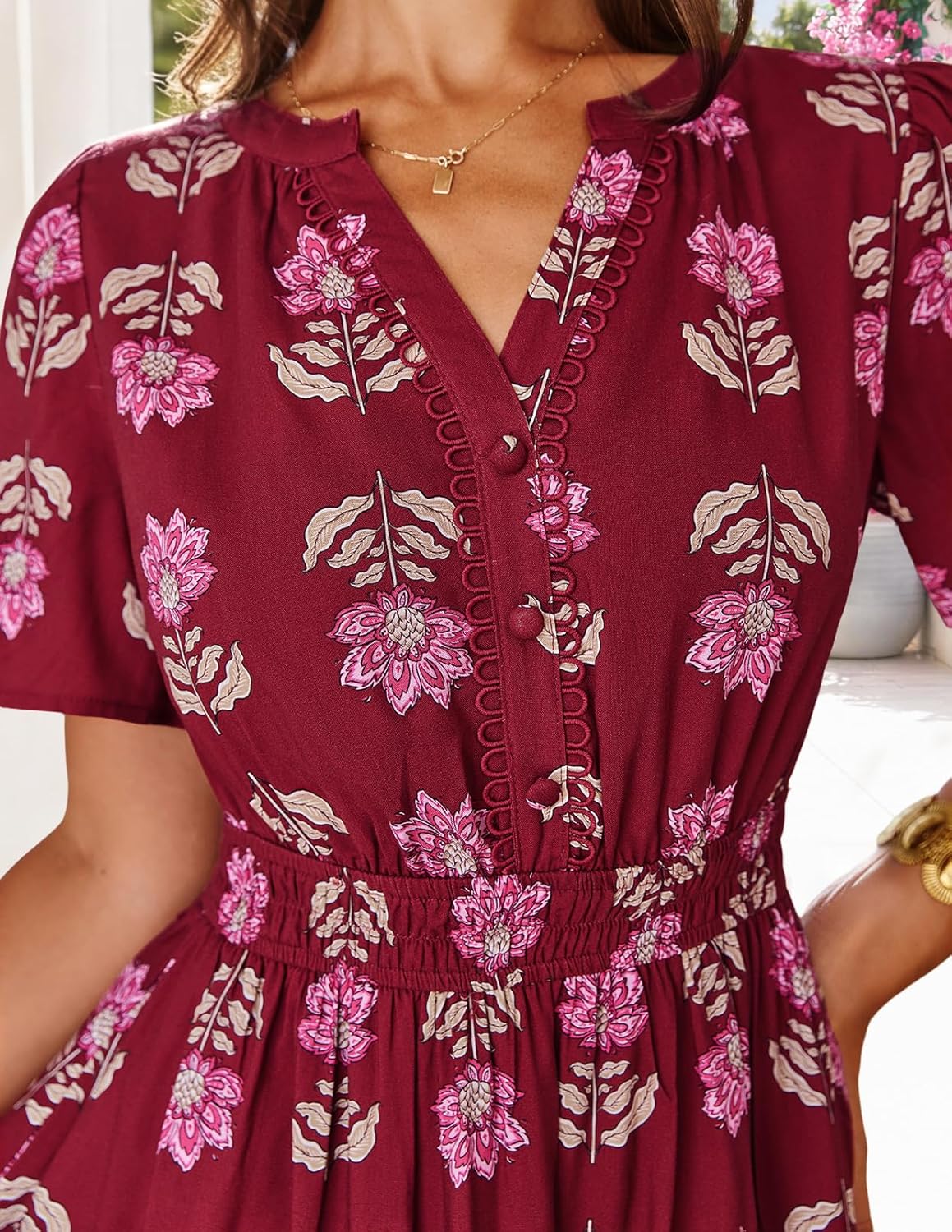 MEROKEETY Women's 2026 Spring Summer Floral Dress V Neck Short Sleeve Button A Line Boho Beach Flowy Vacation Dresses - Image 5