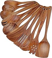 Vista 9 de comfoyar Juego de utensilios de cocina de madera, 7 cucharas de madera de teca natural para cocinar con espátula y cucharón, utensilios de cocina