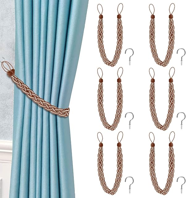 VEGCOO 6 Pieces Hand Knitting Curtains Tied Rope Simple Type Curtain Tie Backs with 6 Pieces Metal Curtain Tieback Hooks for Window Curtain Accessories (Brown)