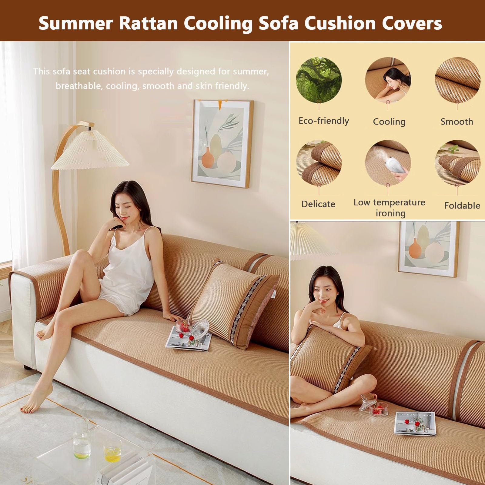 Copridivano estivo in rattan, per divano a 2/3/4 posti, fresco e convertibile, traspirante, per poltrona reclinabile e chaise longue, copertura protettiva per mobili rinfrescante, decorazione per la