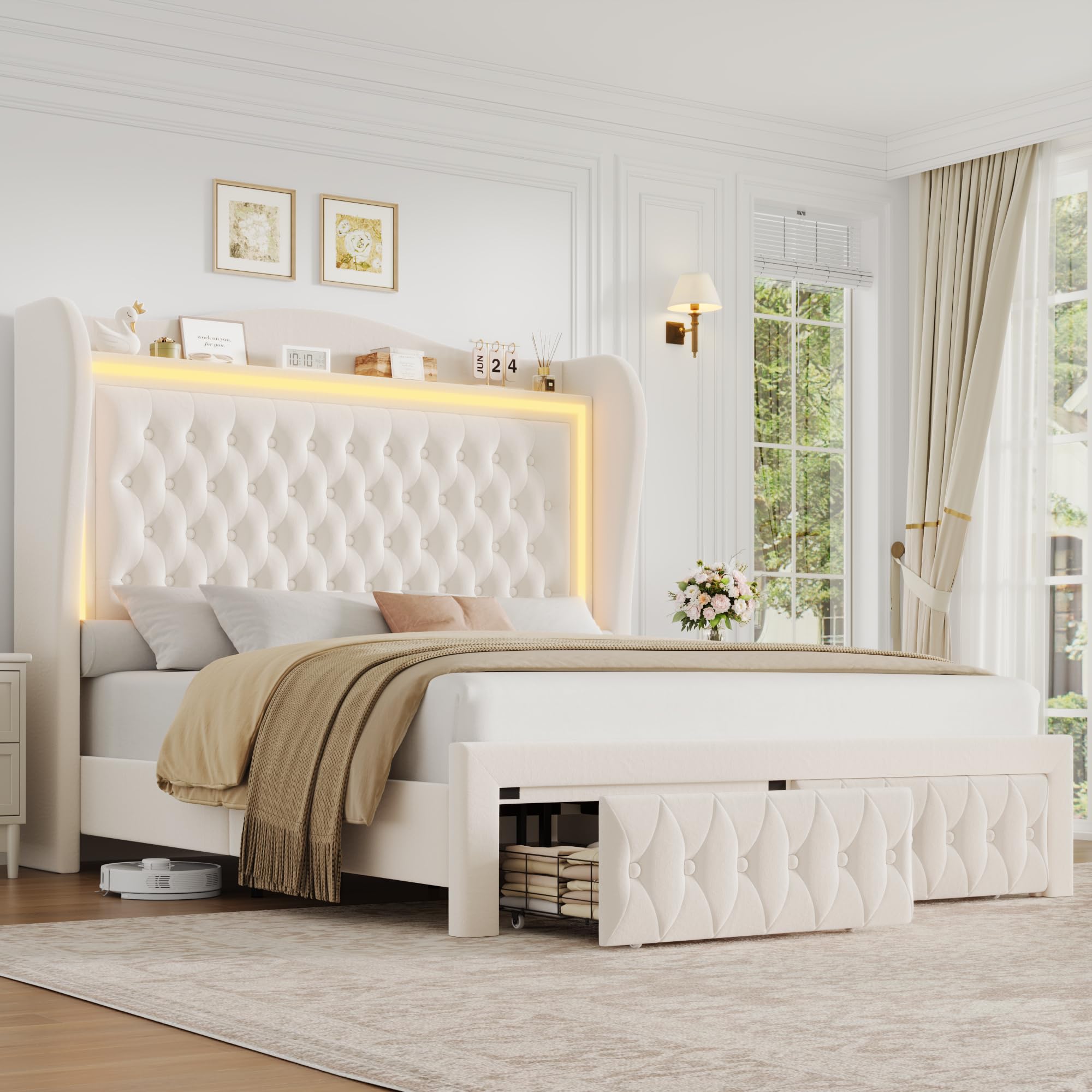 Rete Letto Queen Size In Velluto Con Luci LED RGB, Testiera Regolabile, Stazione Di Ricarica E Doghe In Legno, Struttura Imbottita Antirumore, Fino A 453 Kg, Senza Rete A Molle - 6